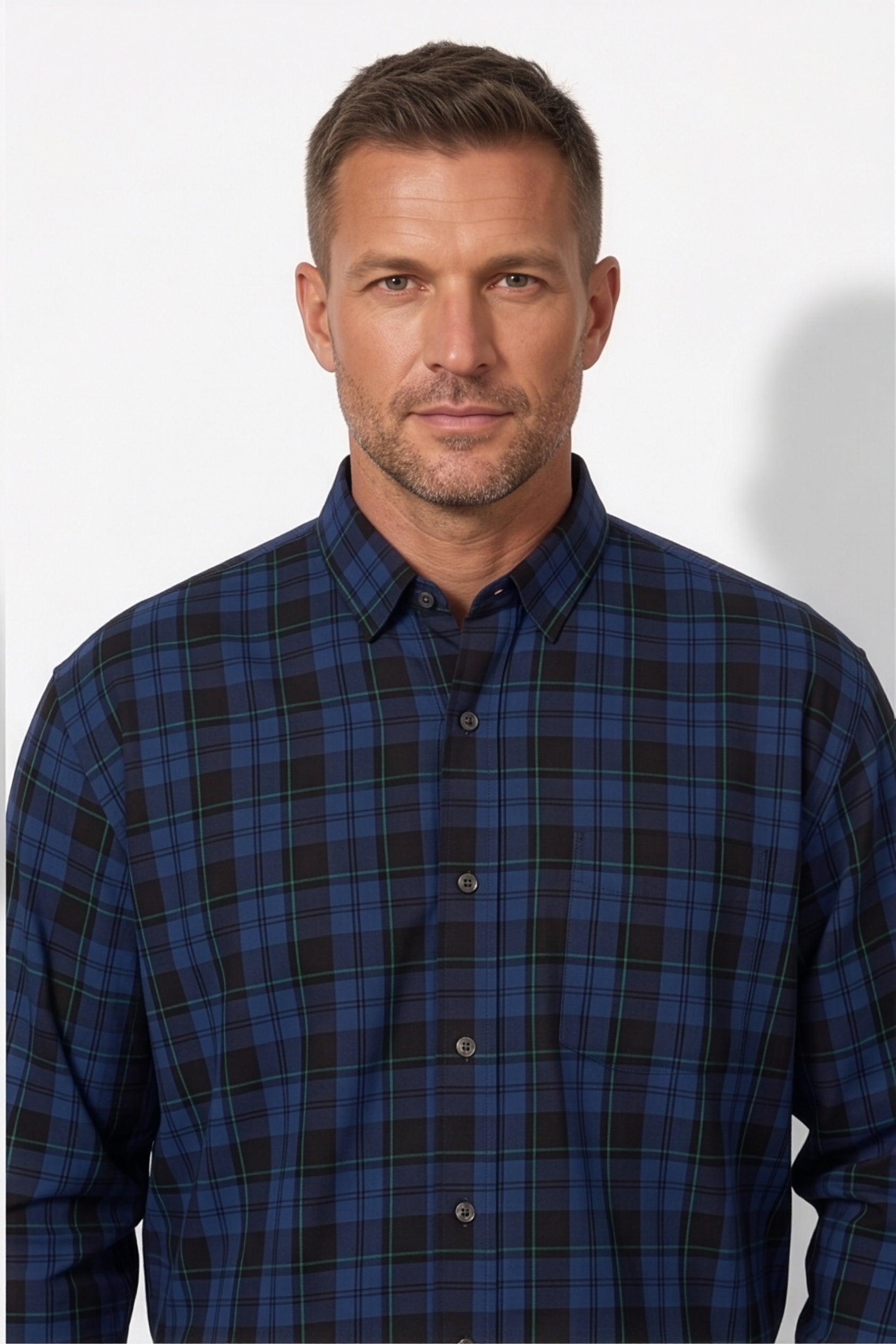 Americus Men's Plus Size Casual Shirt Midnight Navy Black Watch Tartan
