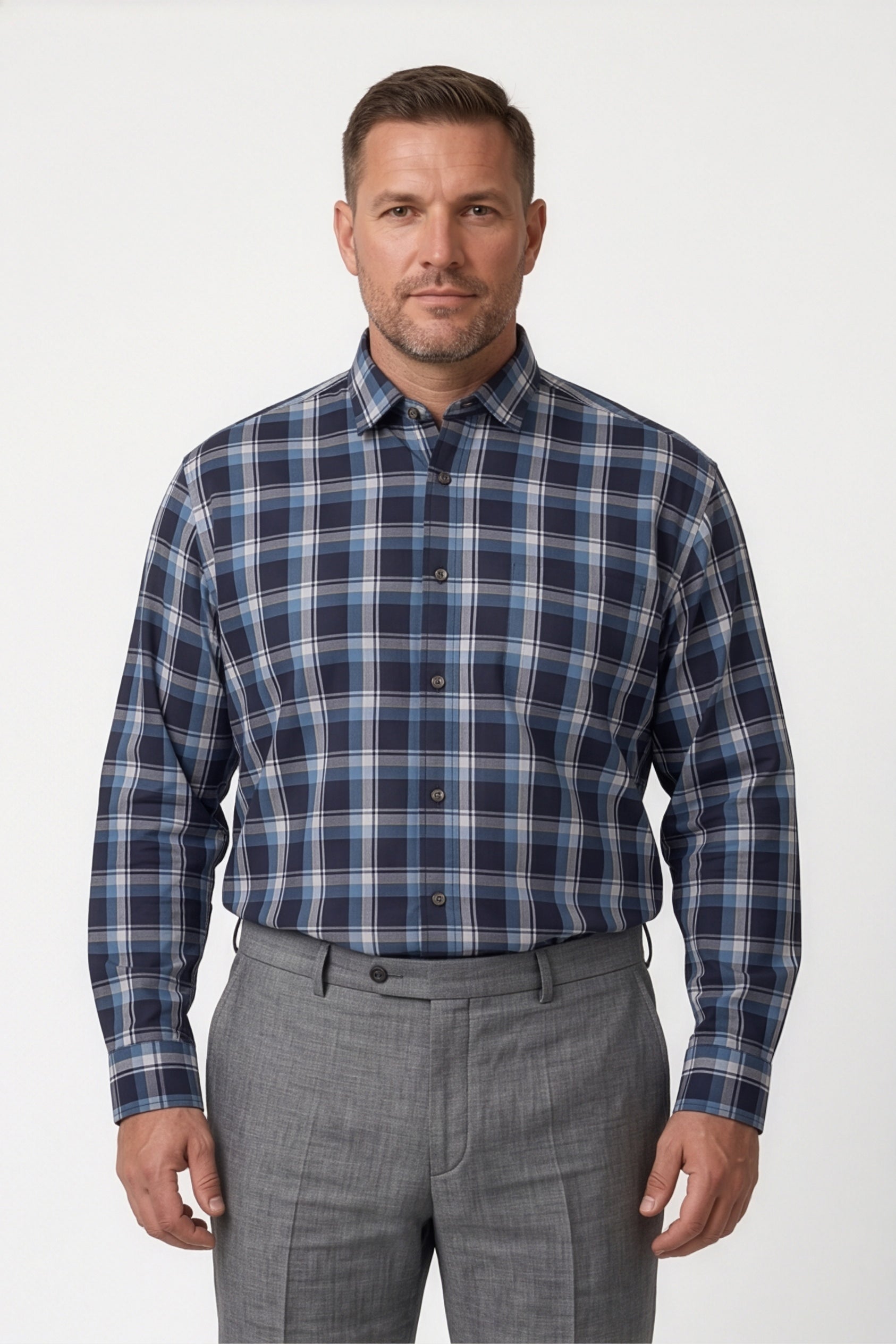 Americus Men's Plus Size Casual Shirt Navy Steel Blue Large Tartan