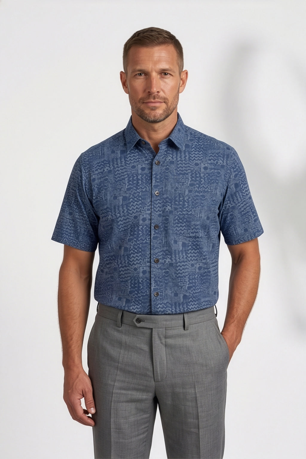 Americus Men's Plus Size Casual Shirt Steel Blue Tonal Abstract Aztec