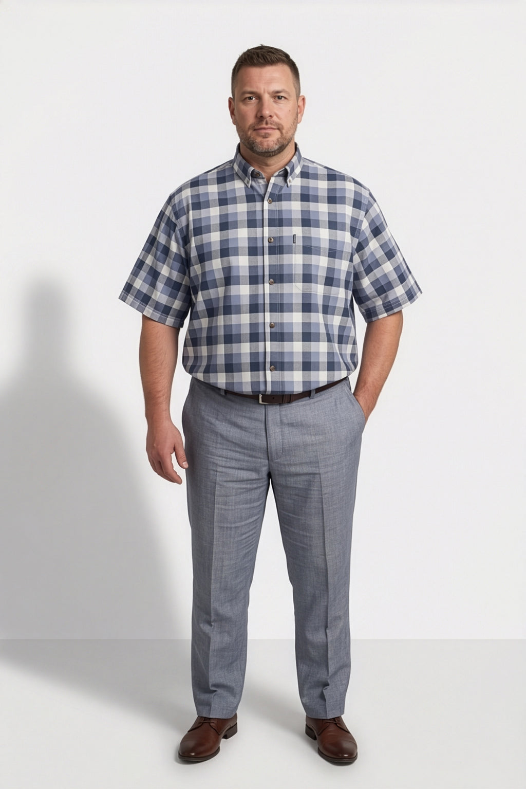 Americus Men's Plus Size Casual Shirt Steel Blue White Gingham