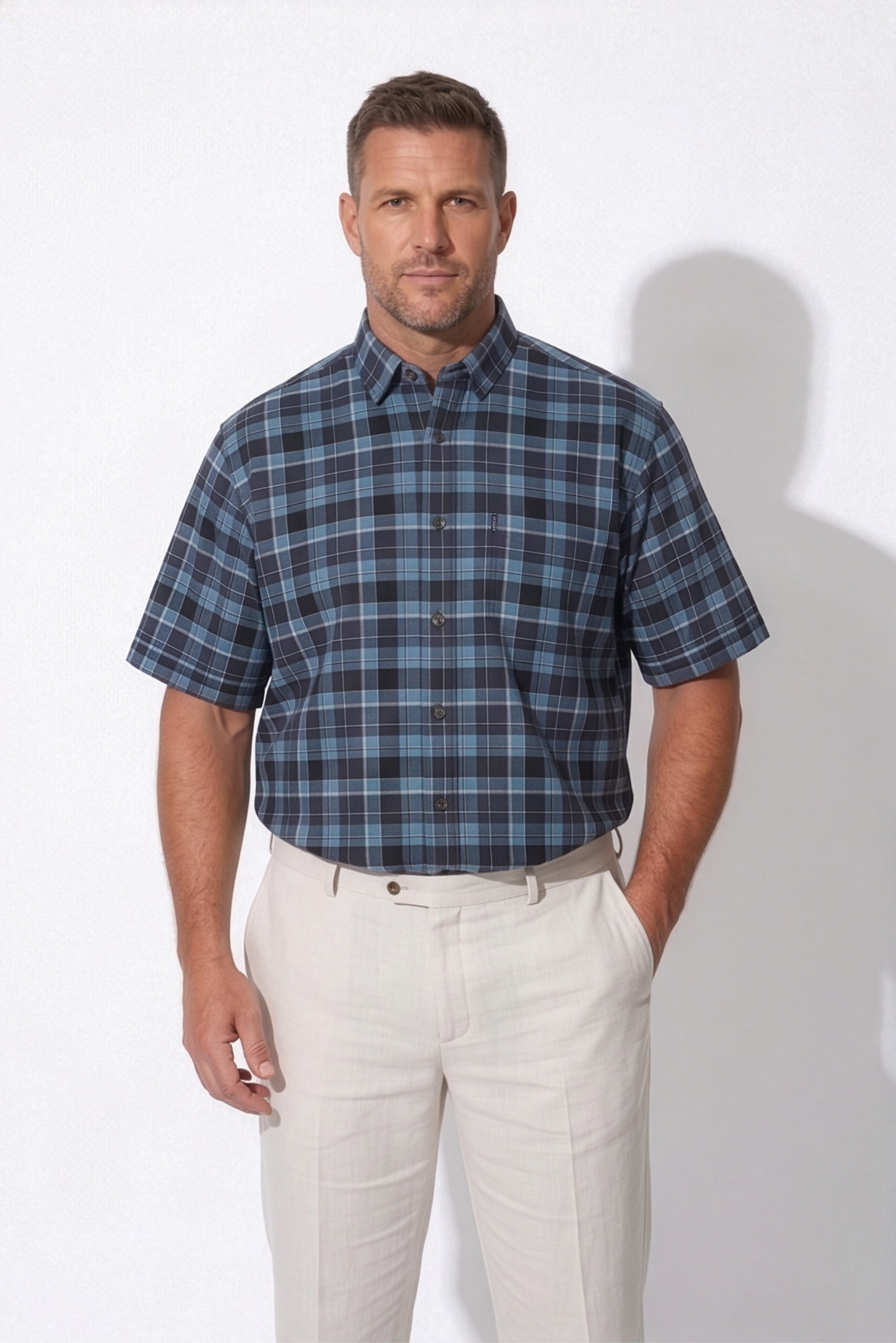 Americus Men's Plus Size Casual Shirt Steel Blue Navy Large Tartan
