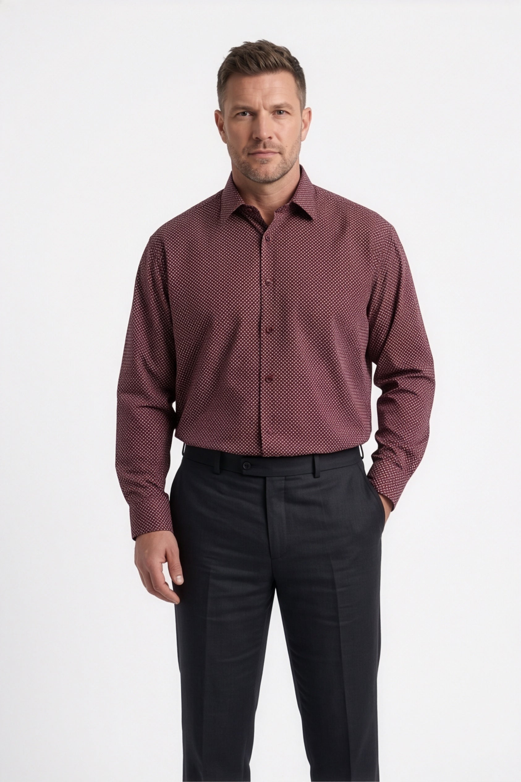 Americus Men's Plus Size Casual Shirt Deep Maroon Cream Micro Diamond