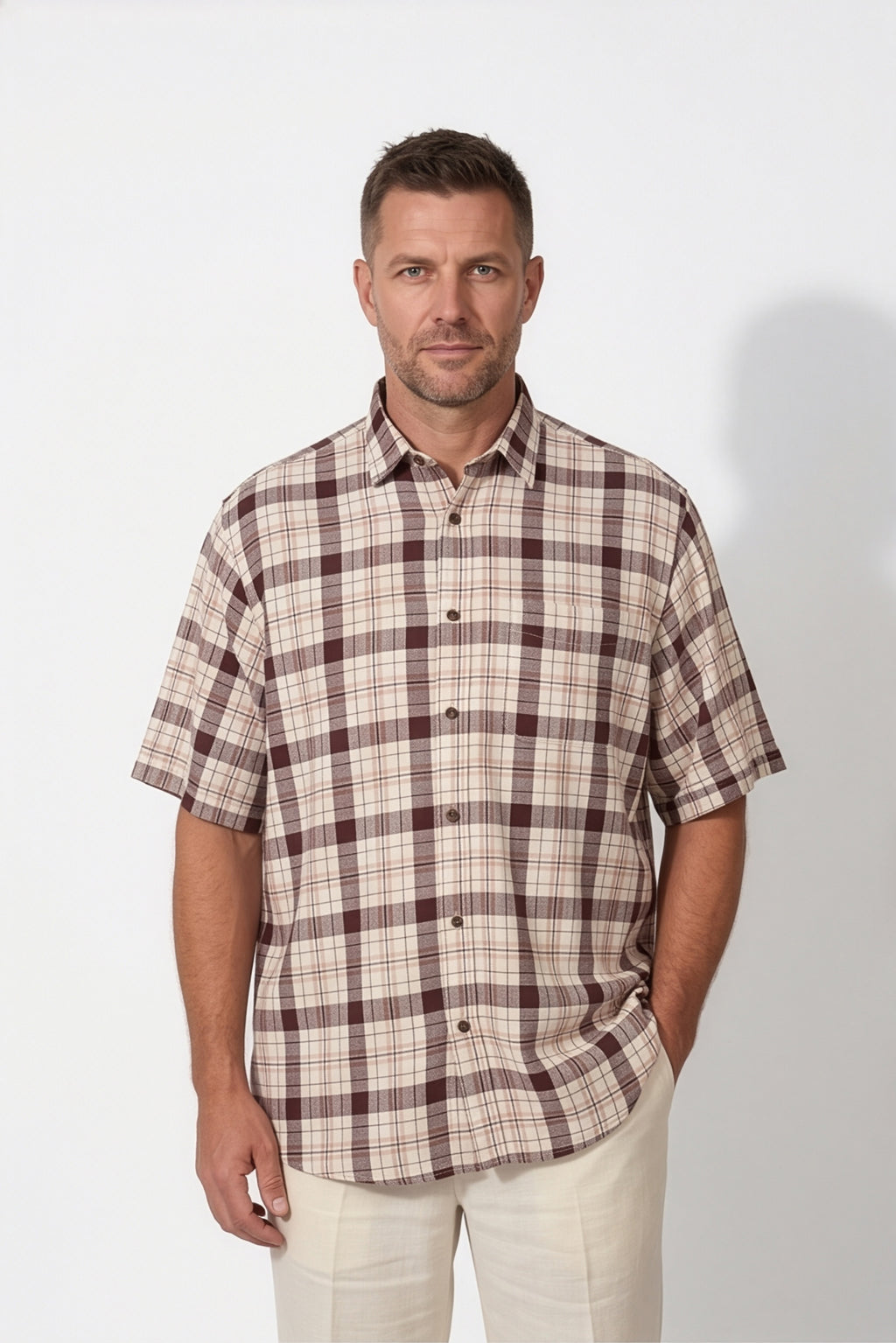 Americus Men's Plus Size Casual Shirt Cream Maroon Large Block Check