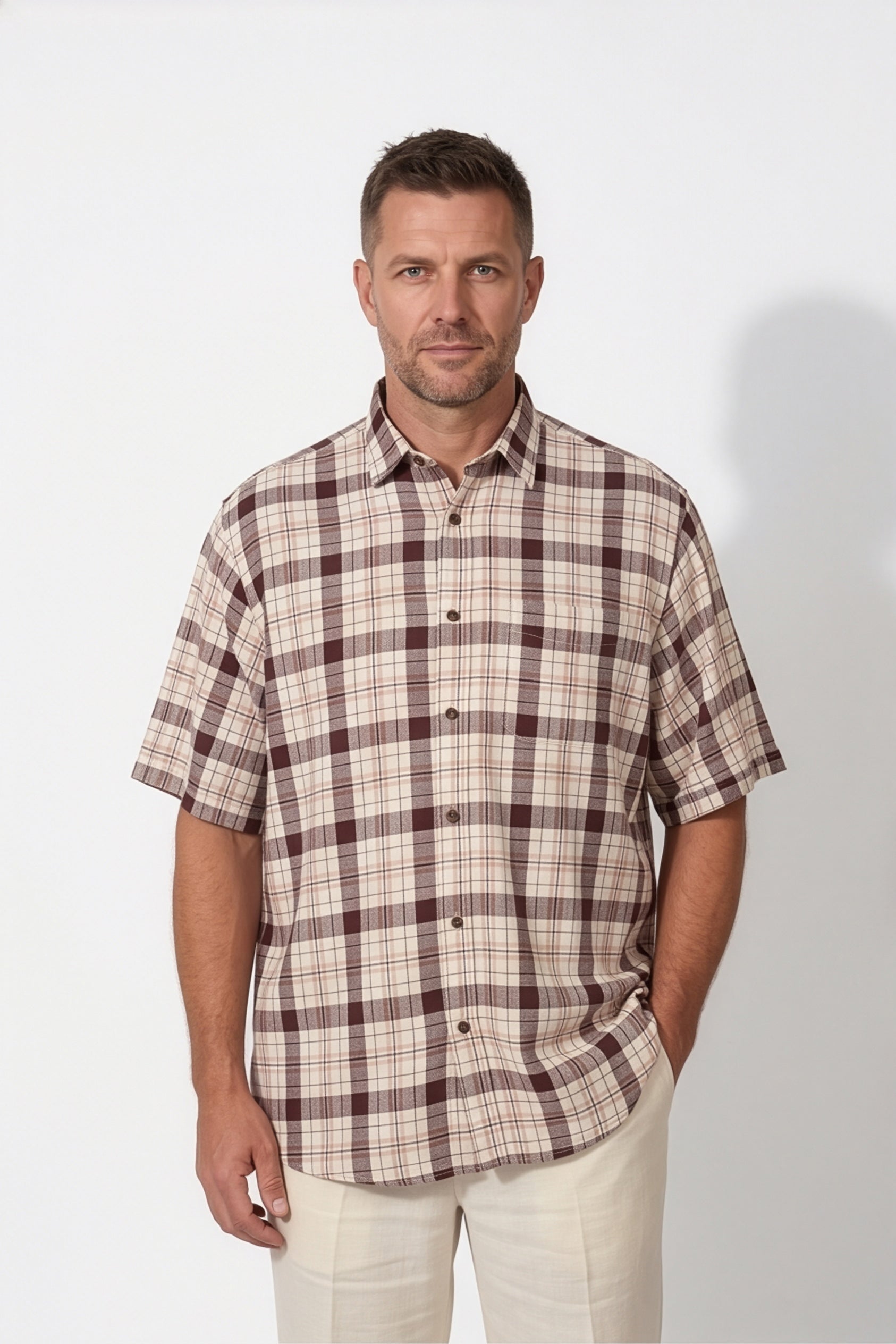 Americus Men's Plus Size Casual Shirt Cream Maroon Large Block Check