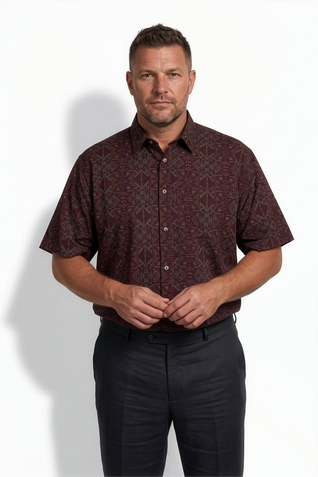 Americus Men's Plus Size Casual Shirt Deep Maroon Gold Tribal Geometric