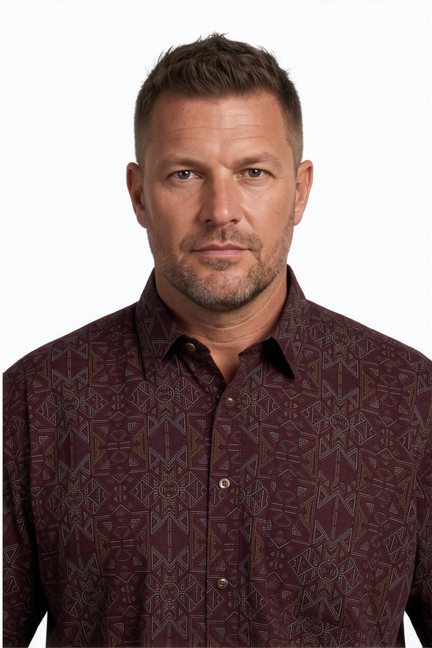 Americus Men's Plus Size Casual Shirt Deep Maroon Gold Tribal Geometric