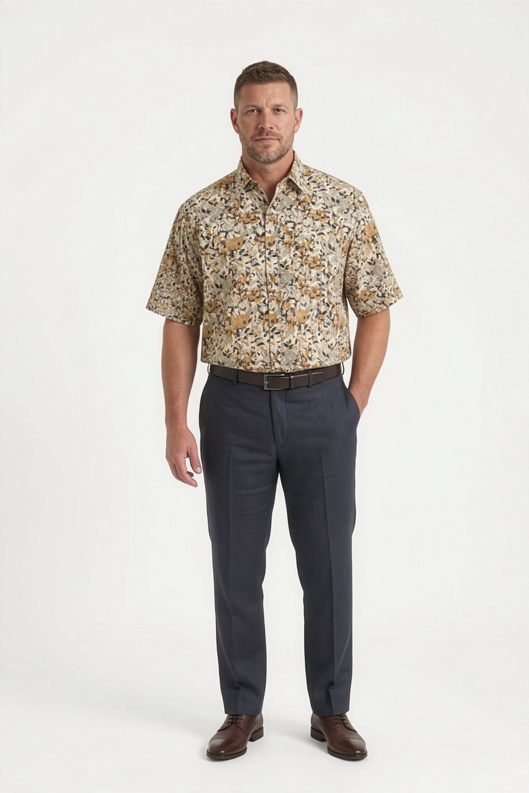 Americus Men's Plus Size Casual Shirt Ivory Khaki Wildflower Botanical