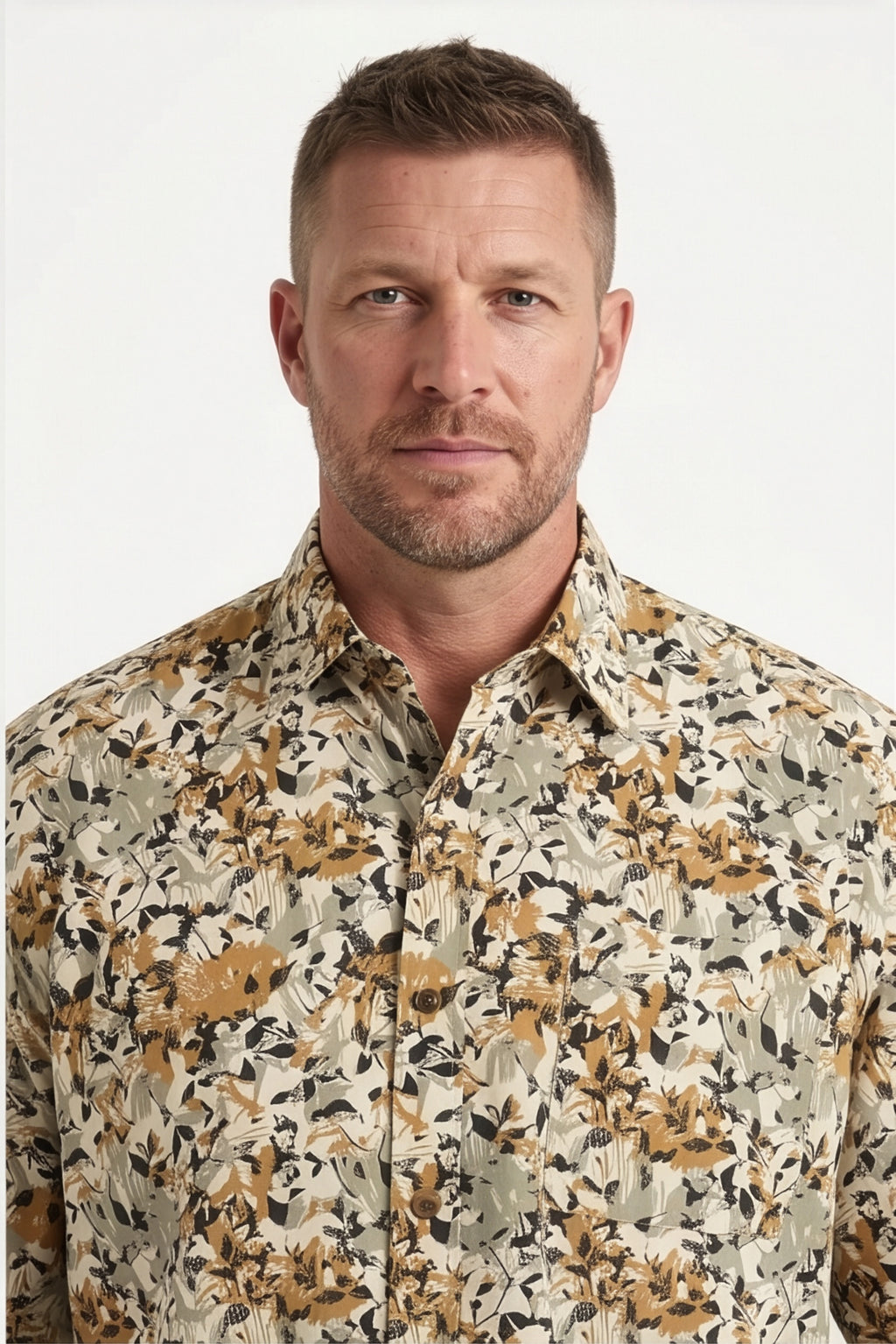Americus Men's Plus Size Casual Shirt Ivory Khaki Wildflower Botanical