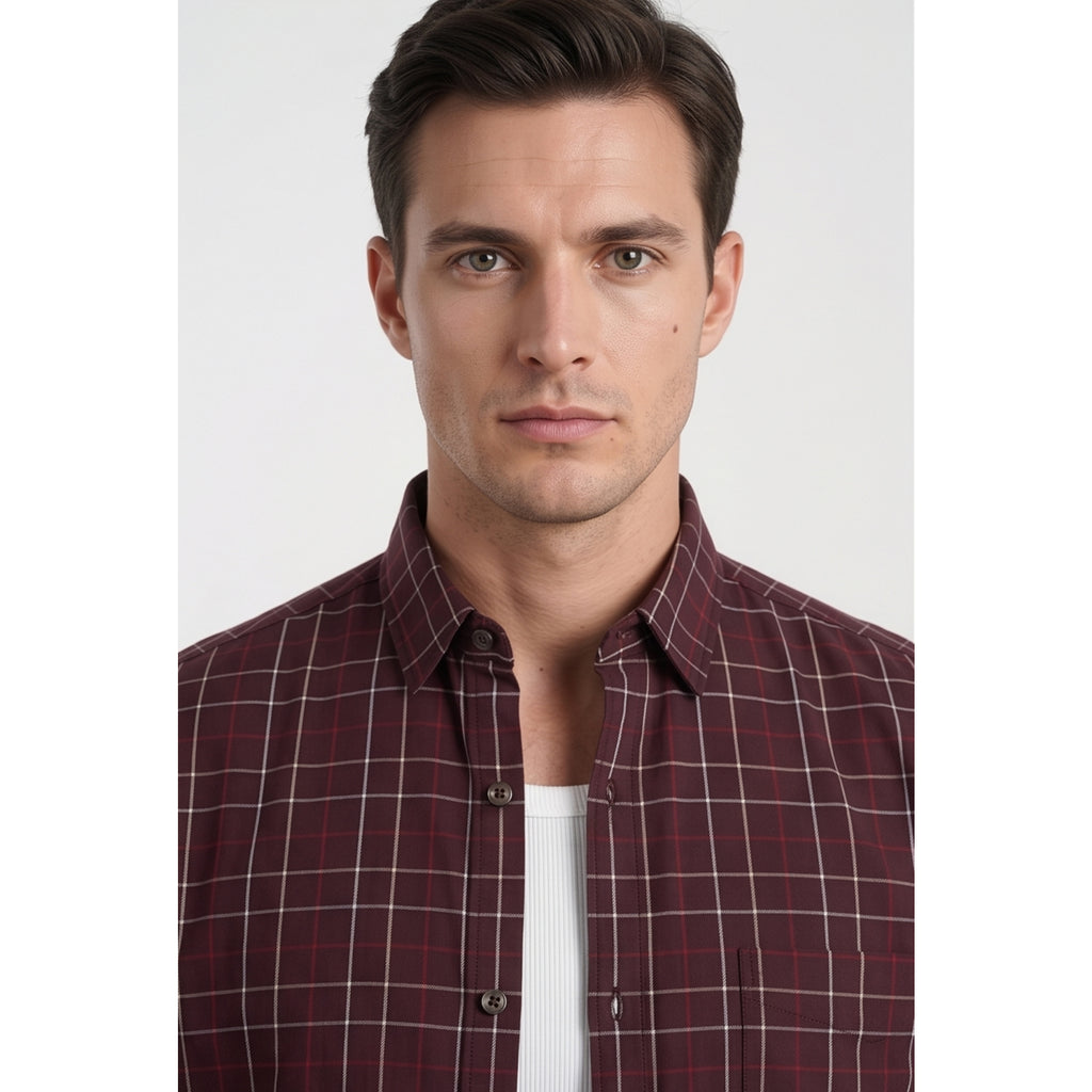 Americus Mens Twill Check Shirt Deep Maroon Cream Windowpane