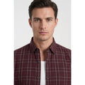 Americus Mens Twill Check Shirt Deep Maroon Cream Windowpane