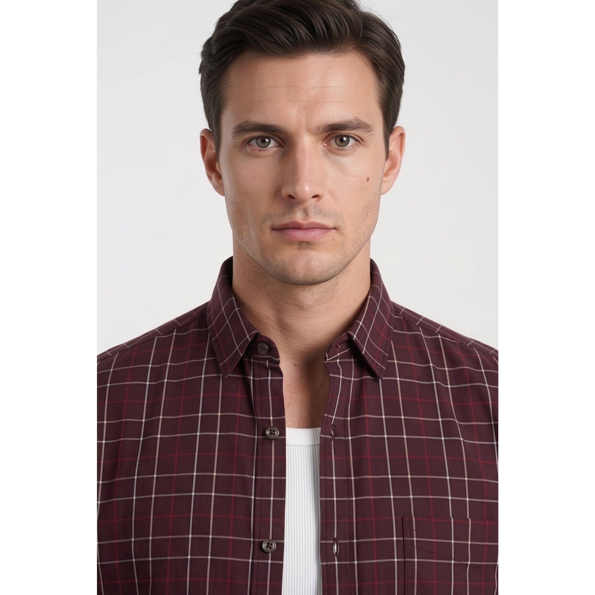 Americus Mens Twill Check Shirt Deep Maroon Cream Windowpane