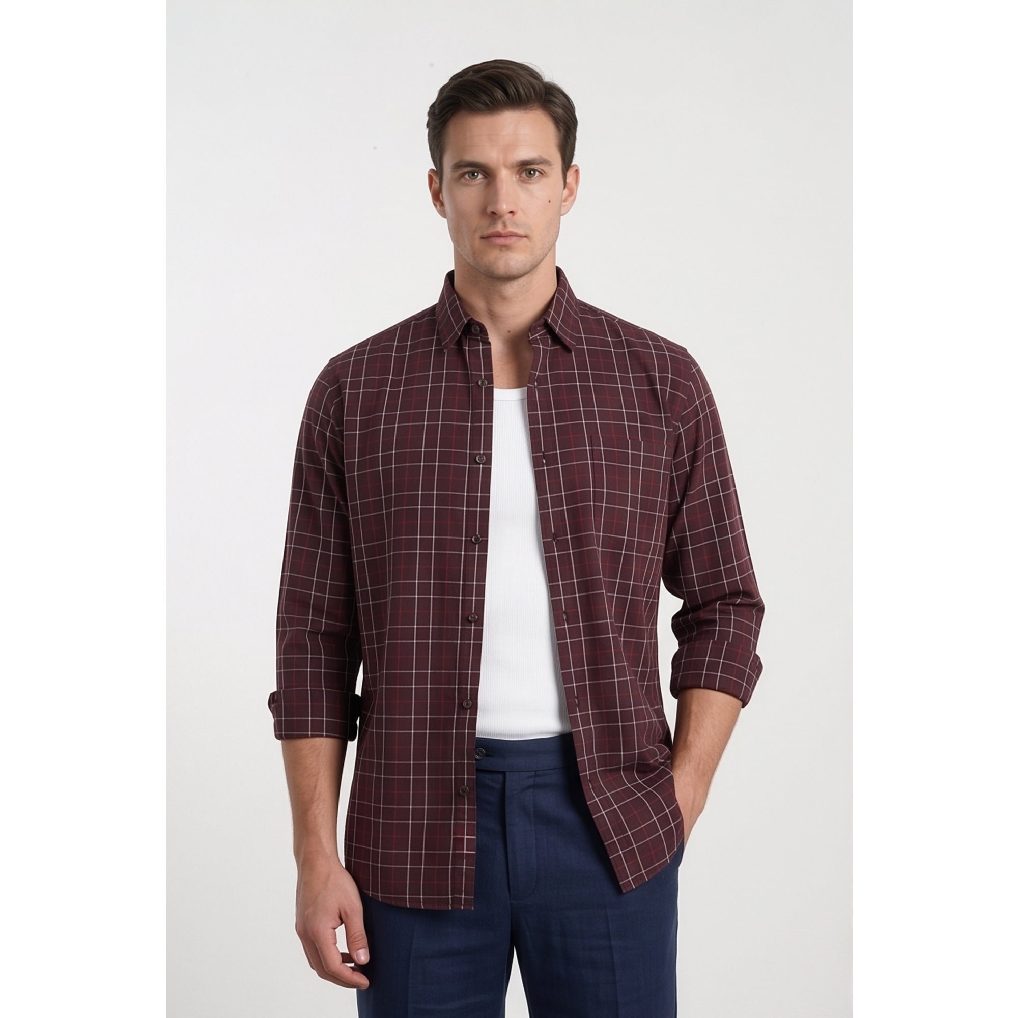 Americus Mens Twill Check Shirt Deep Maroon Cream Windowpane