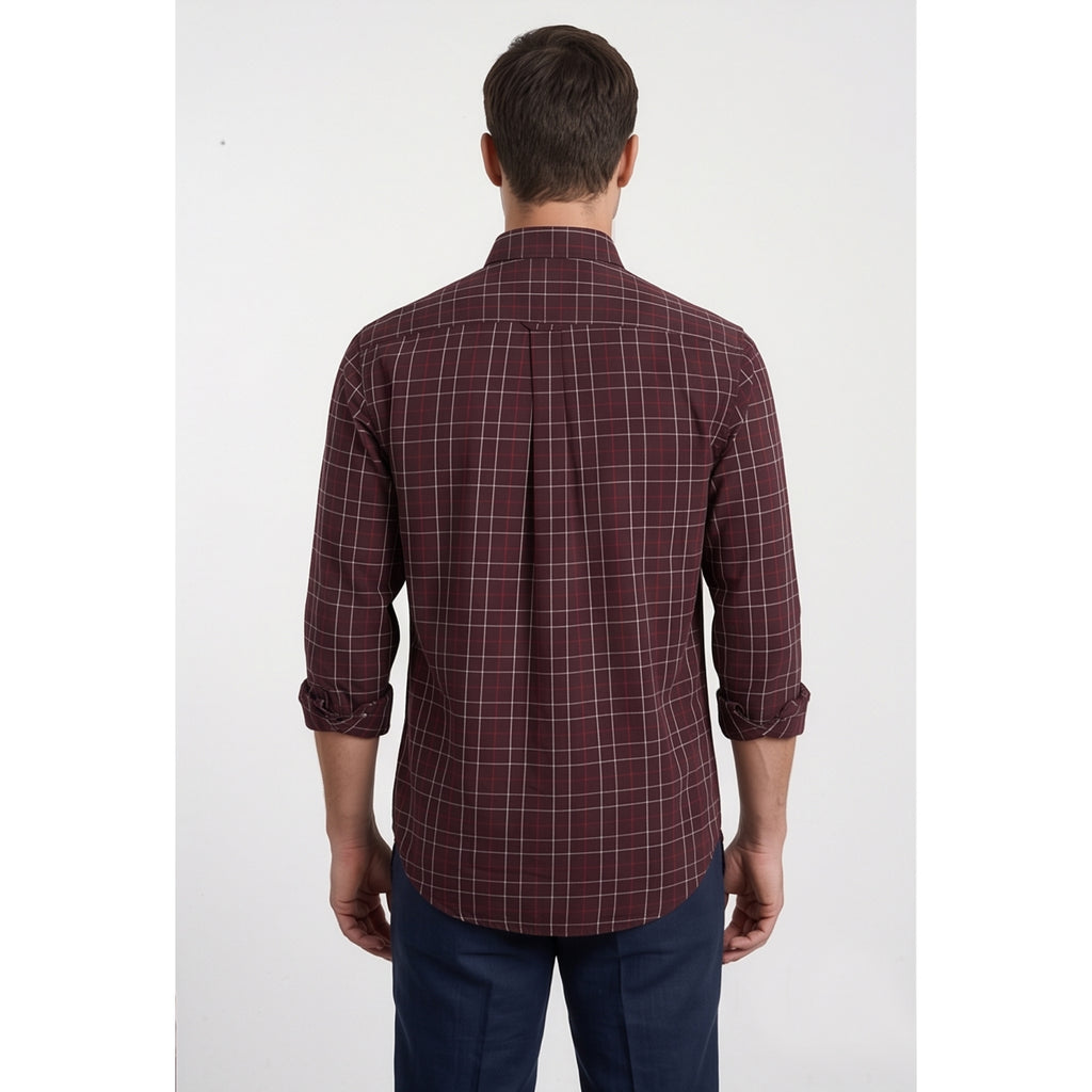 Americus Mens Twill Check Shirt Deep Maroon Cream Windowpane