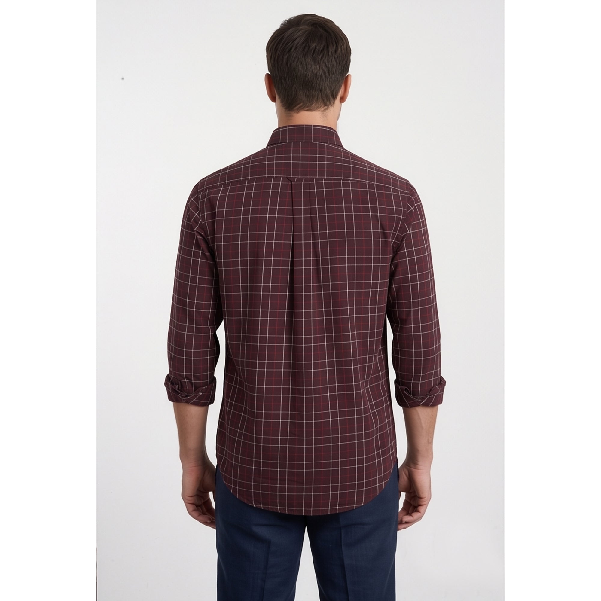 Americus Mens Twill Check Shirt Deep Maroon Cream Windowpane