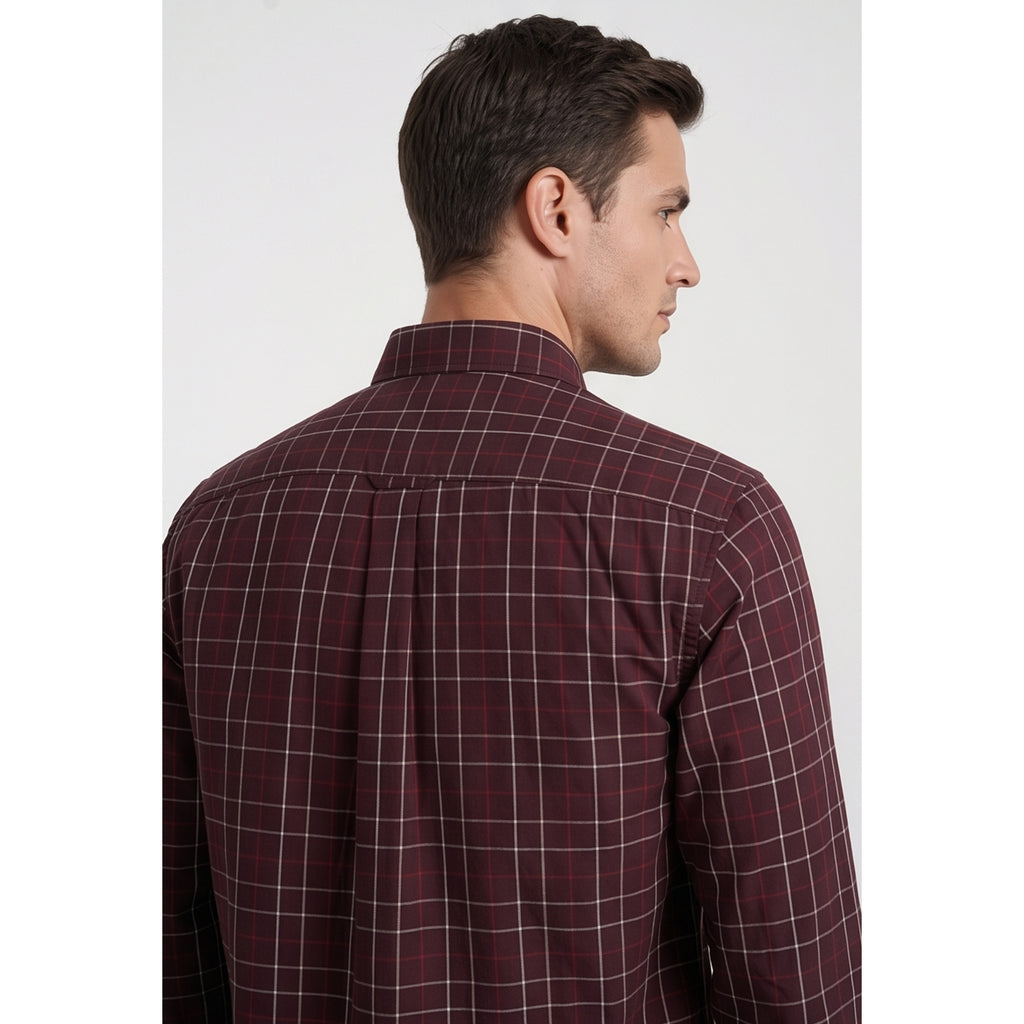 Americus Mens Twill Check Shirt Deep Maroon Cream Windowpane
