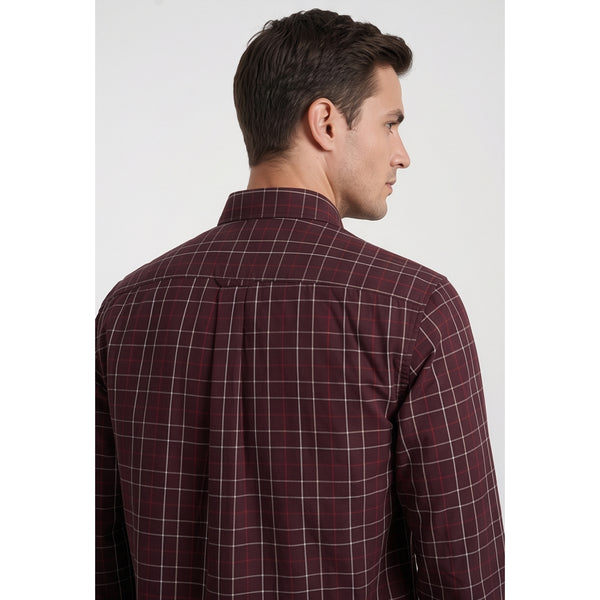 Americus Mens Twill Check Shirt Deep Maroon Cream Windowpane