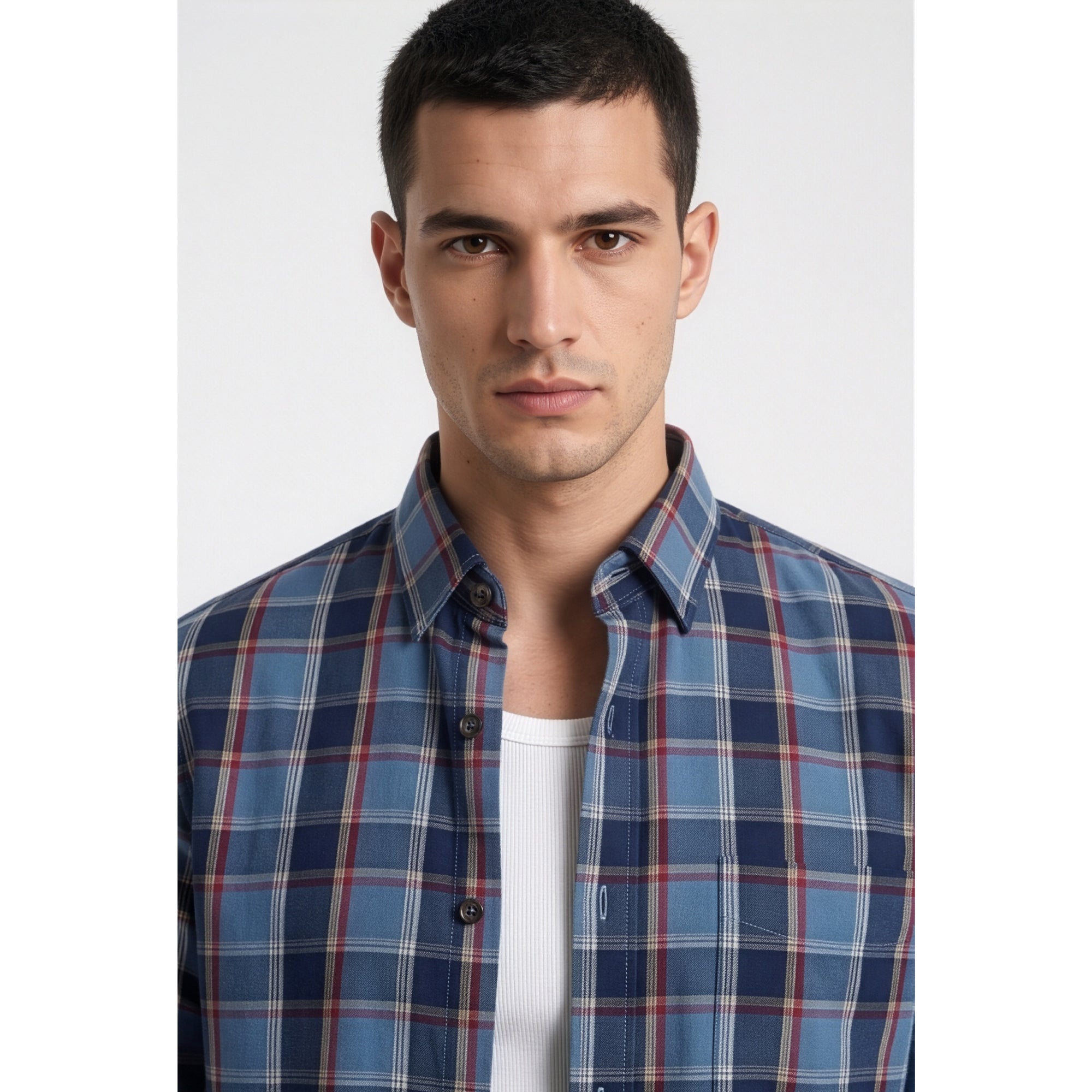 Americus Mens Twill Check Shirt Steel Blue Burgundy Tartan