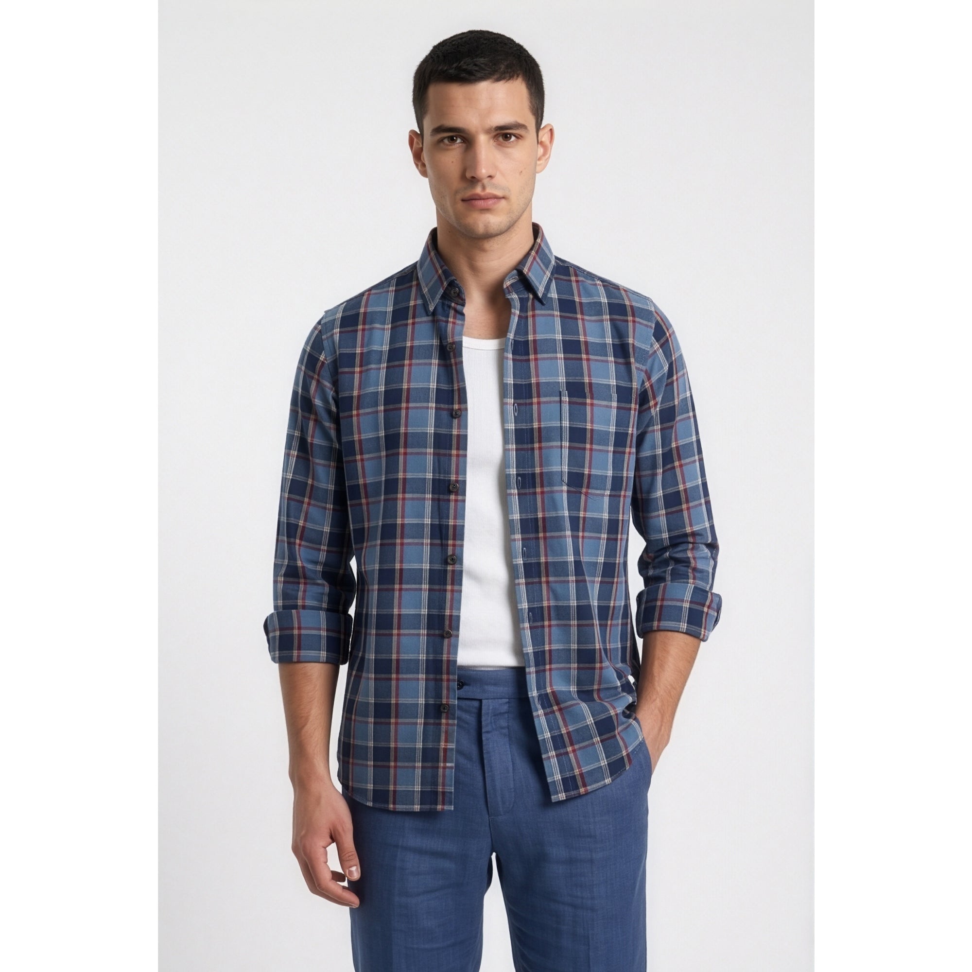 Americus Mens Twill Check Shirt Steel Blue Burgundy Tartan