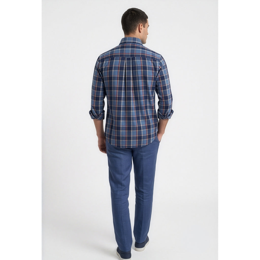 Americus Mens Twill Check Shirt Steel Blue Burgundy Tartan