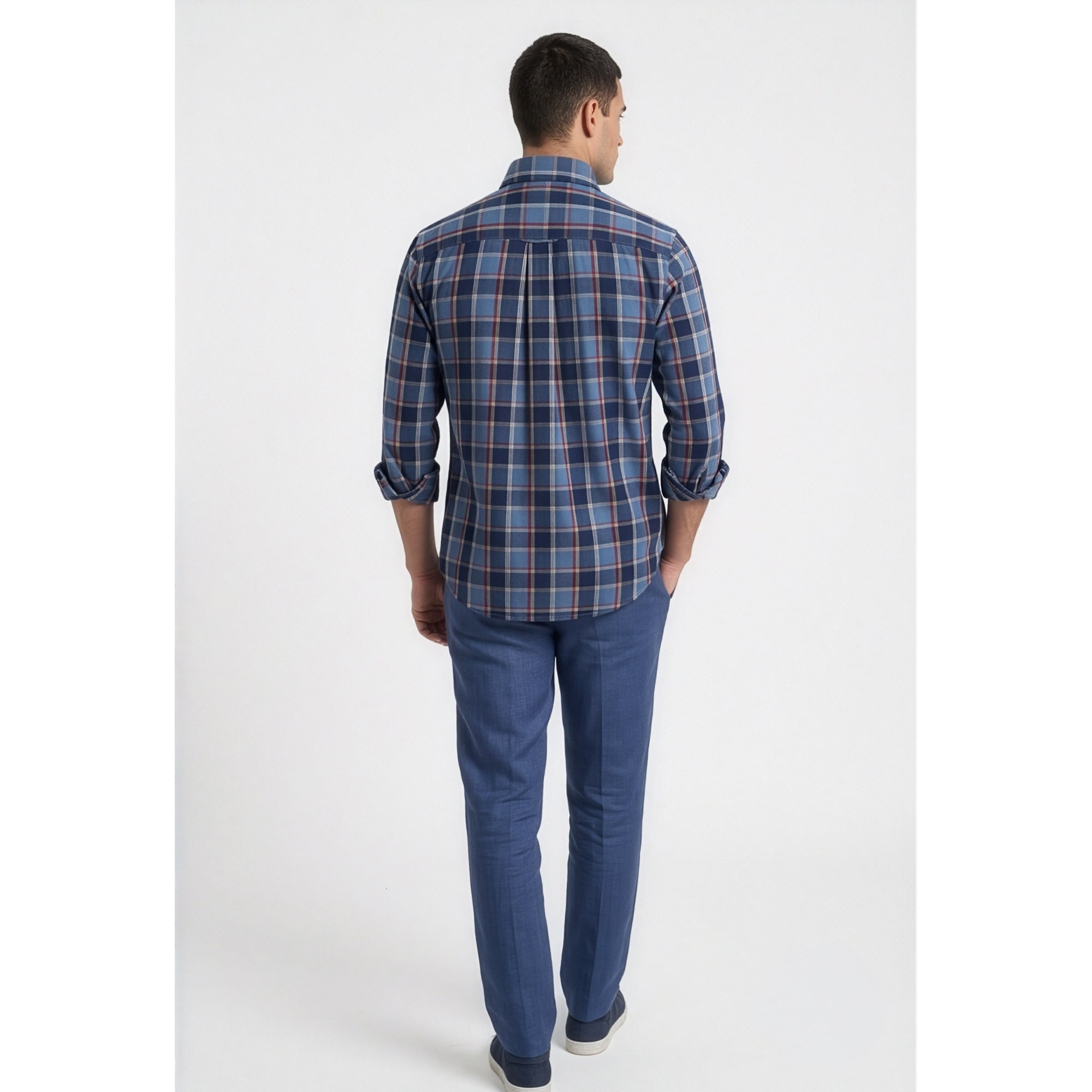 Americus Mens Twill Check Shirt Steel Blue Burgundy Tartan