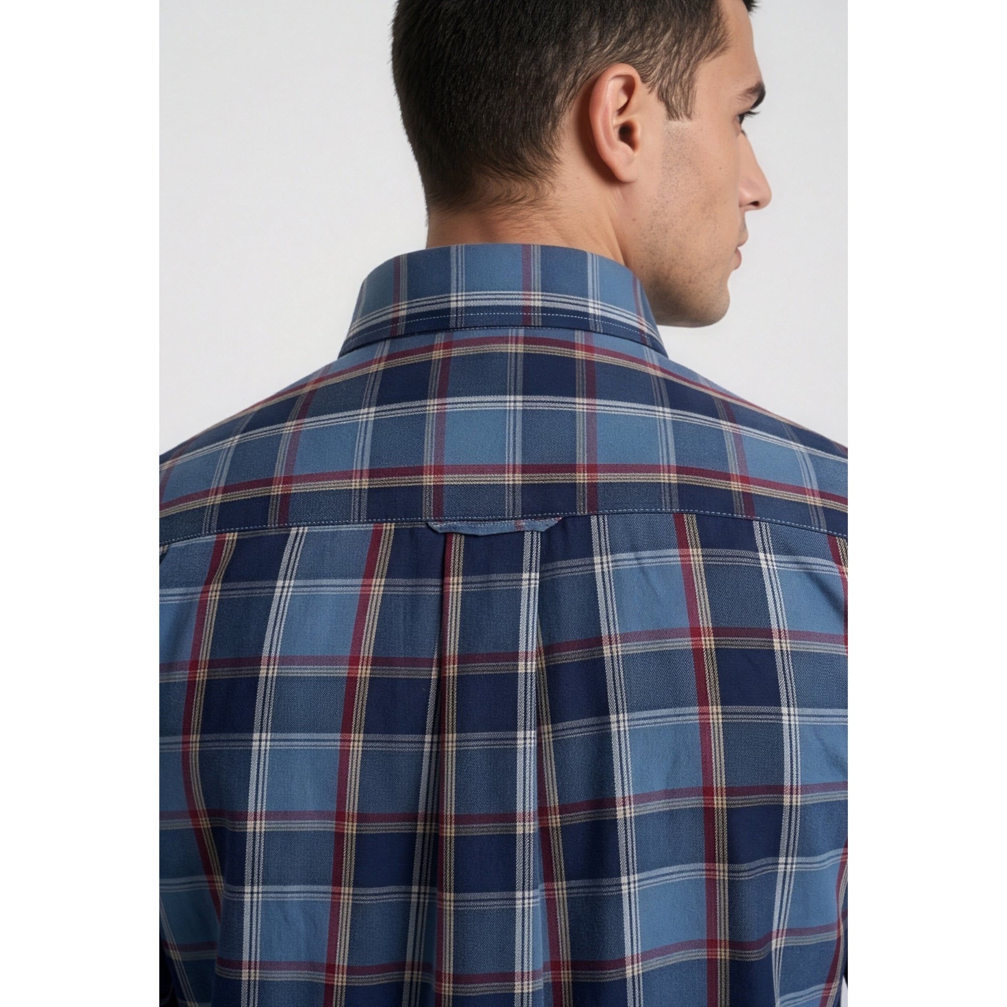 Americus Mens Twill Check Shirt Steel Blue Burgundy Tartan