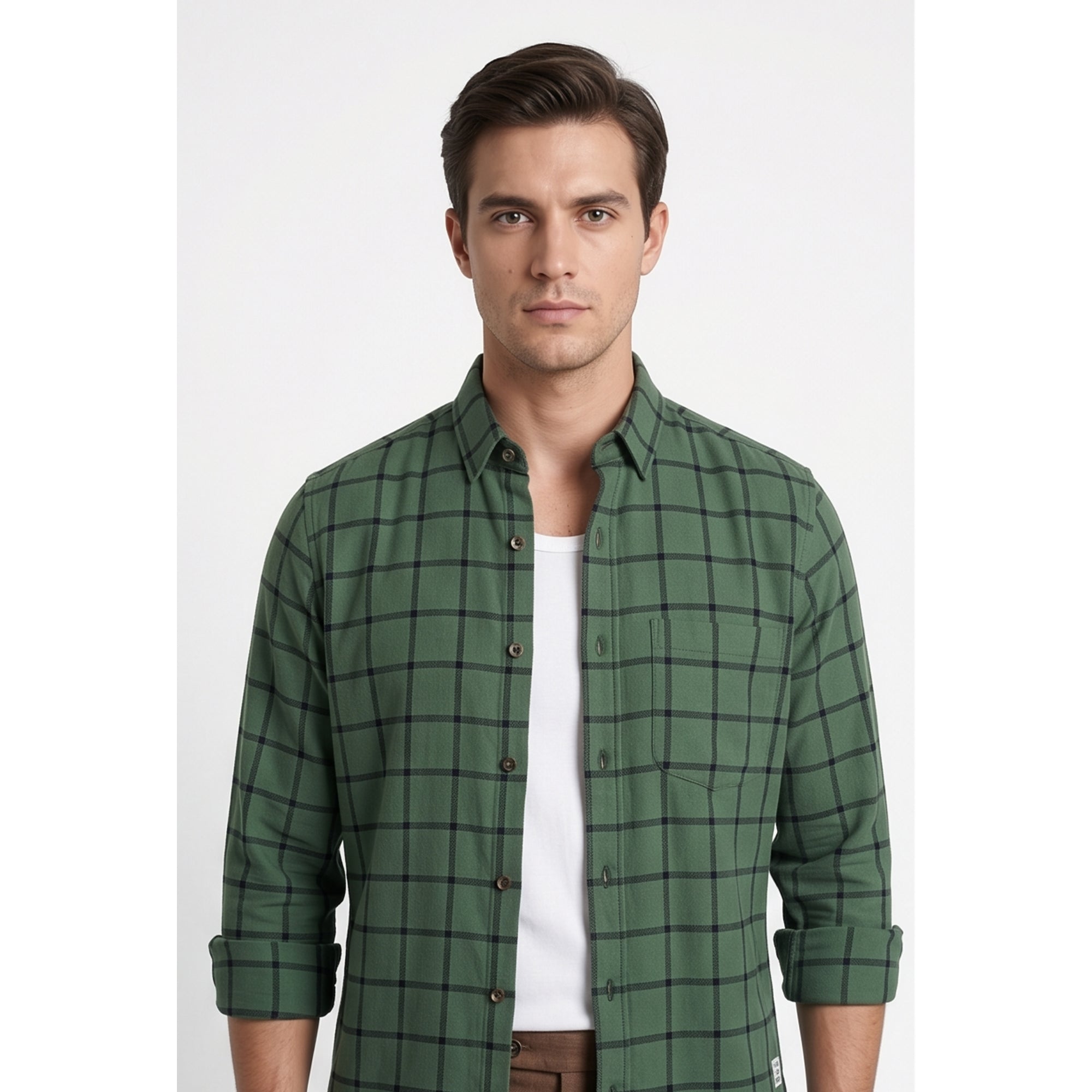 Americus Mens Twill Check Shirt Olive Green Windowpane