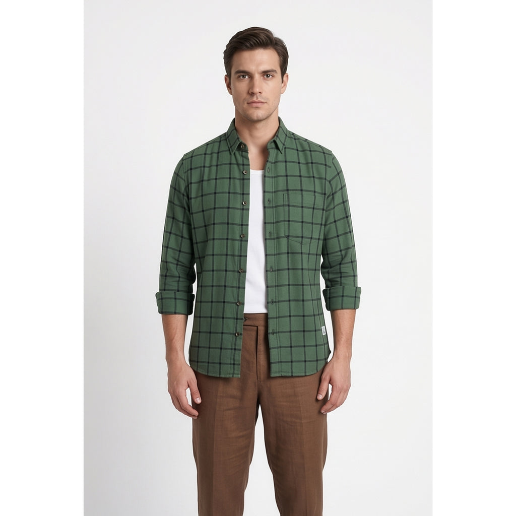 Americus Mens Twill Check Shirt Olive Green Windowpane