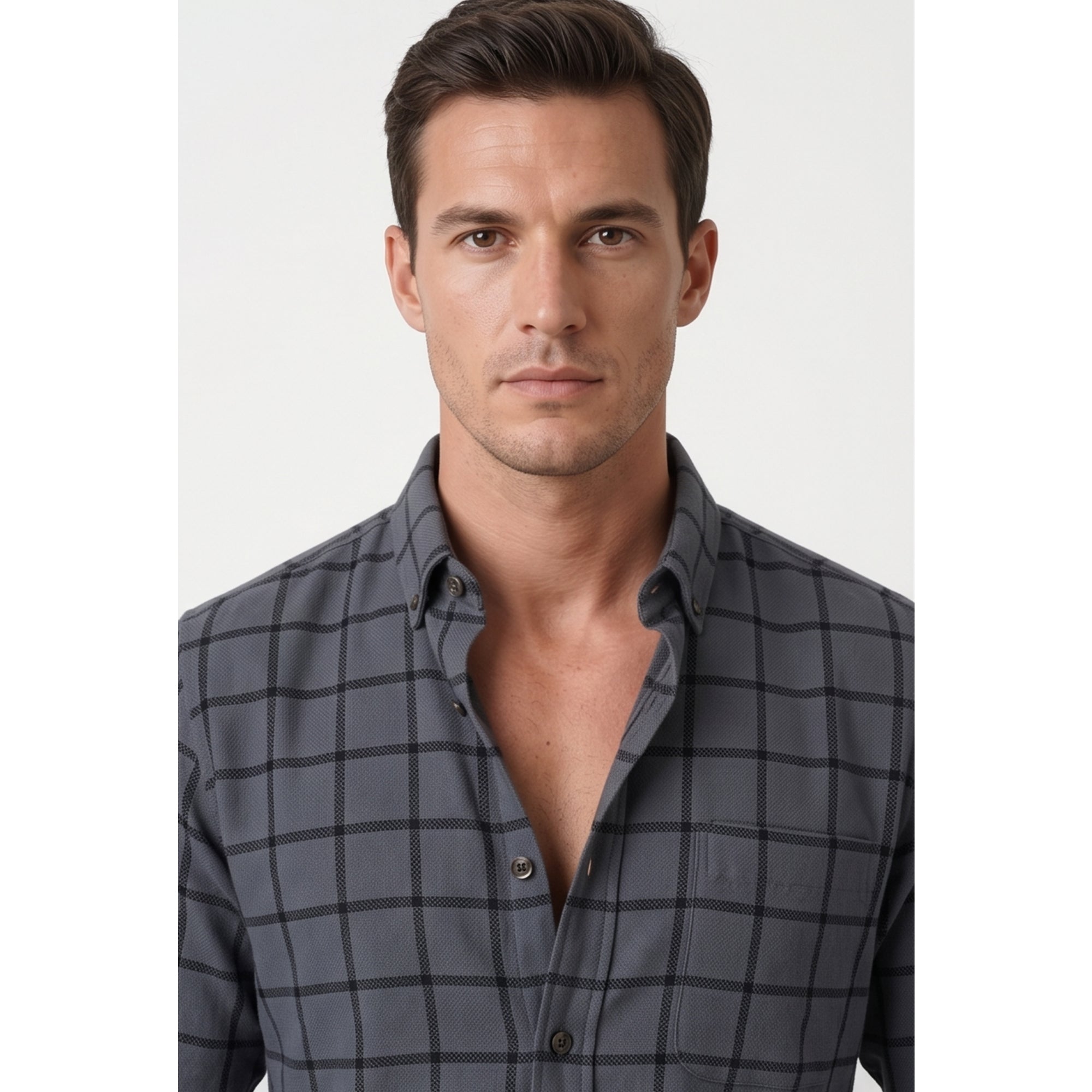 Americus Mens Twill Check Shirt Charcoal Navy Windowpane