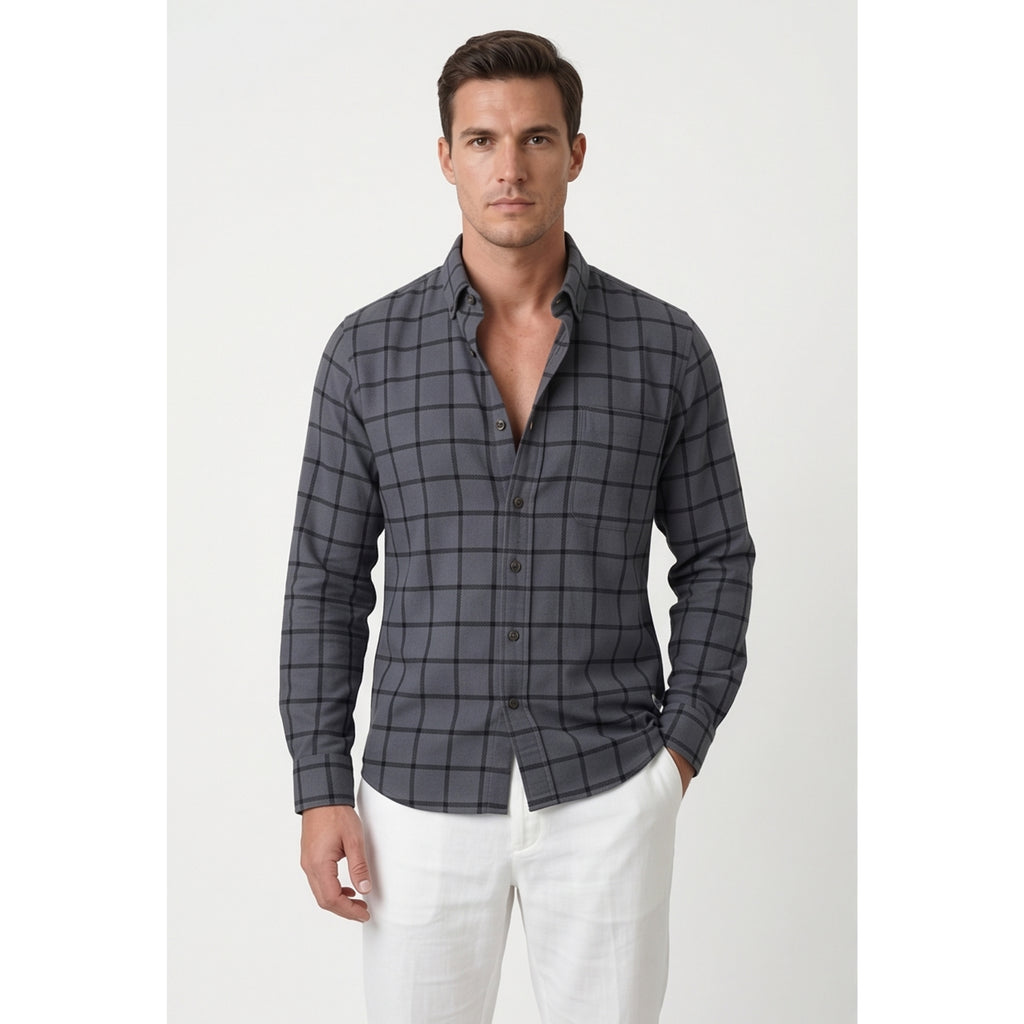 Americus Mens Twill Check Shirt Charcoal Navy Windowpane