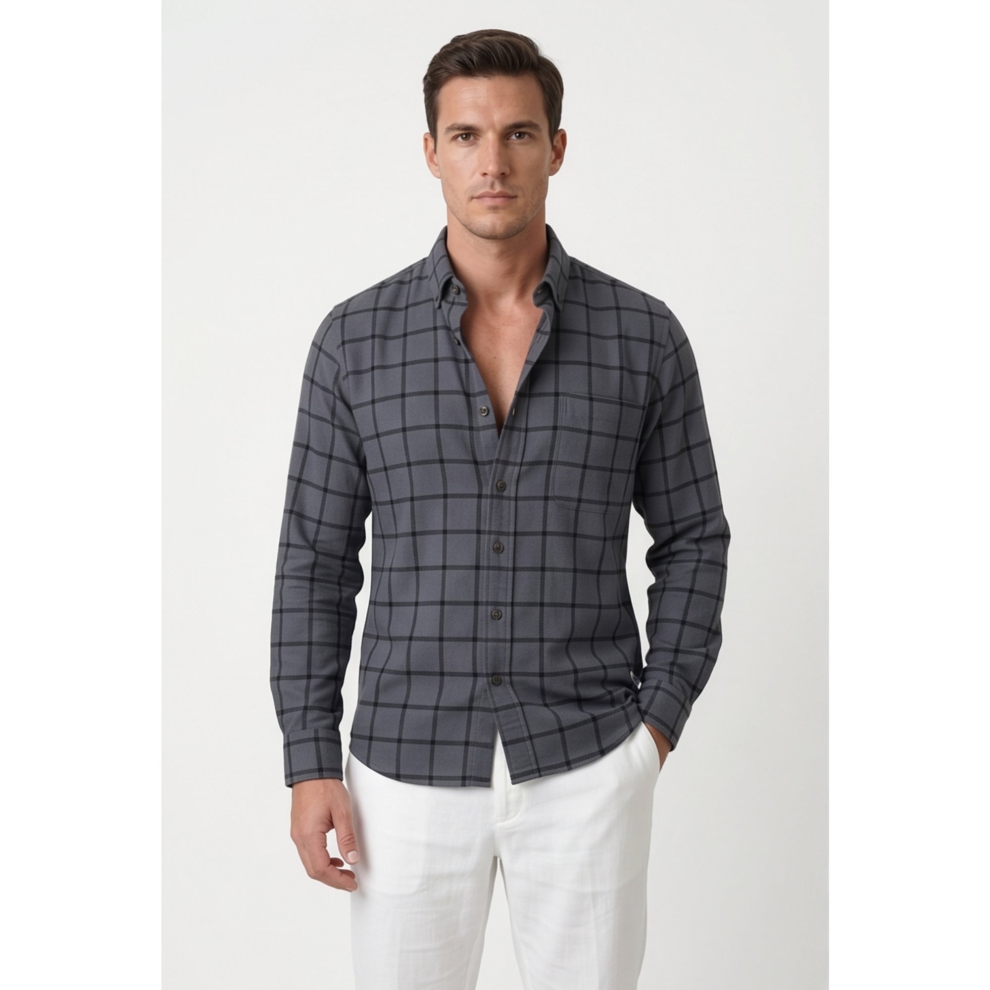 Americus Mens Twill Check Shirt Charcoal Navy Windowpane