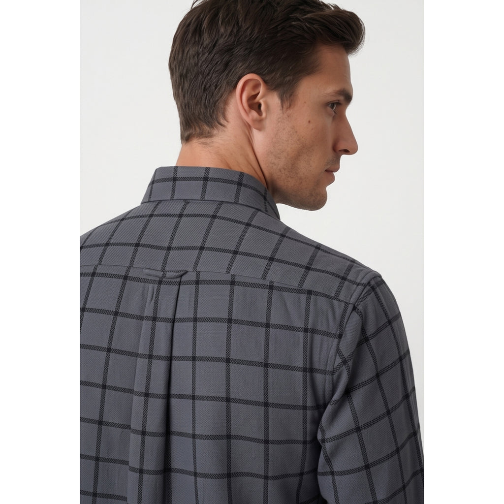 Americus Mens Twill Check Shirt Charcoal Navy Windowpane