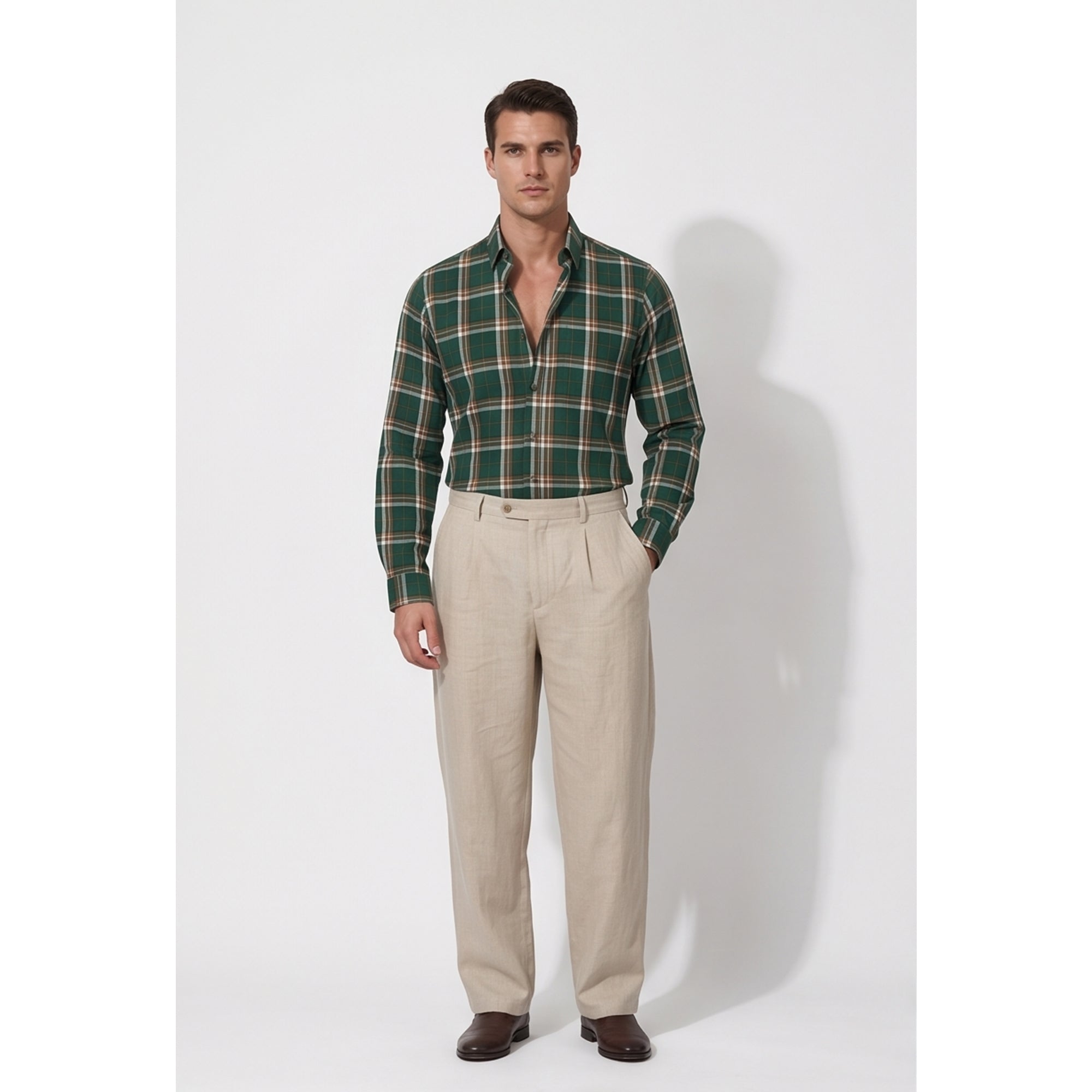Americus Mens Twill Check Shirt Emerald Green Rust Tartan