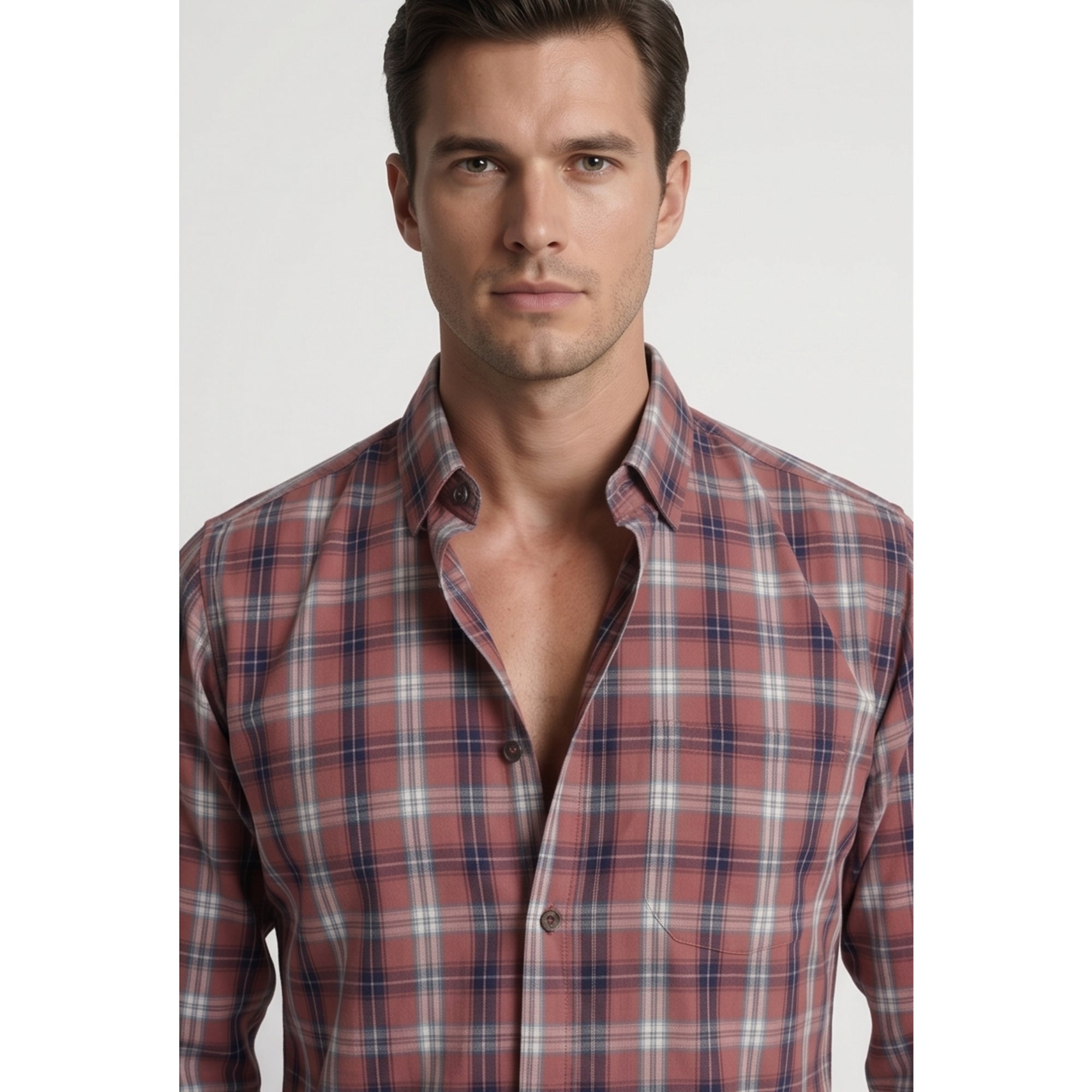 Americus Mens Twill Check Shirt Dusty Rose Navy Plaid
