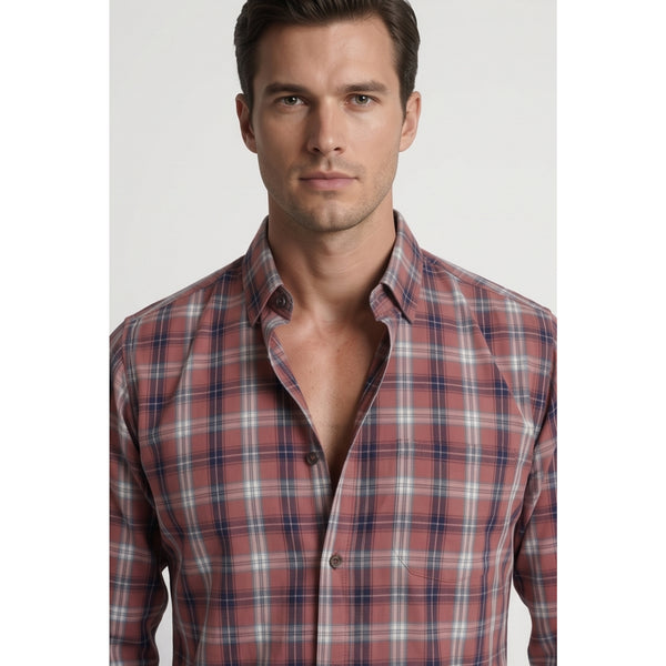 Americus Mens Twill Check Shirt Dusty Rose Navy Plaid