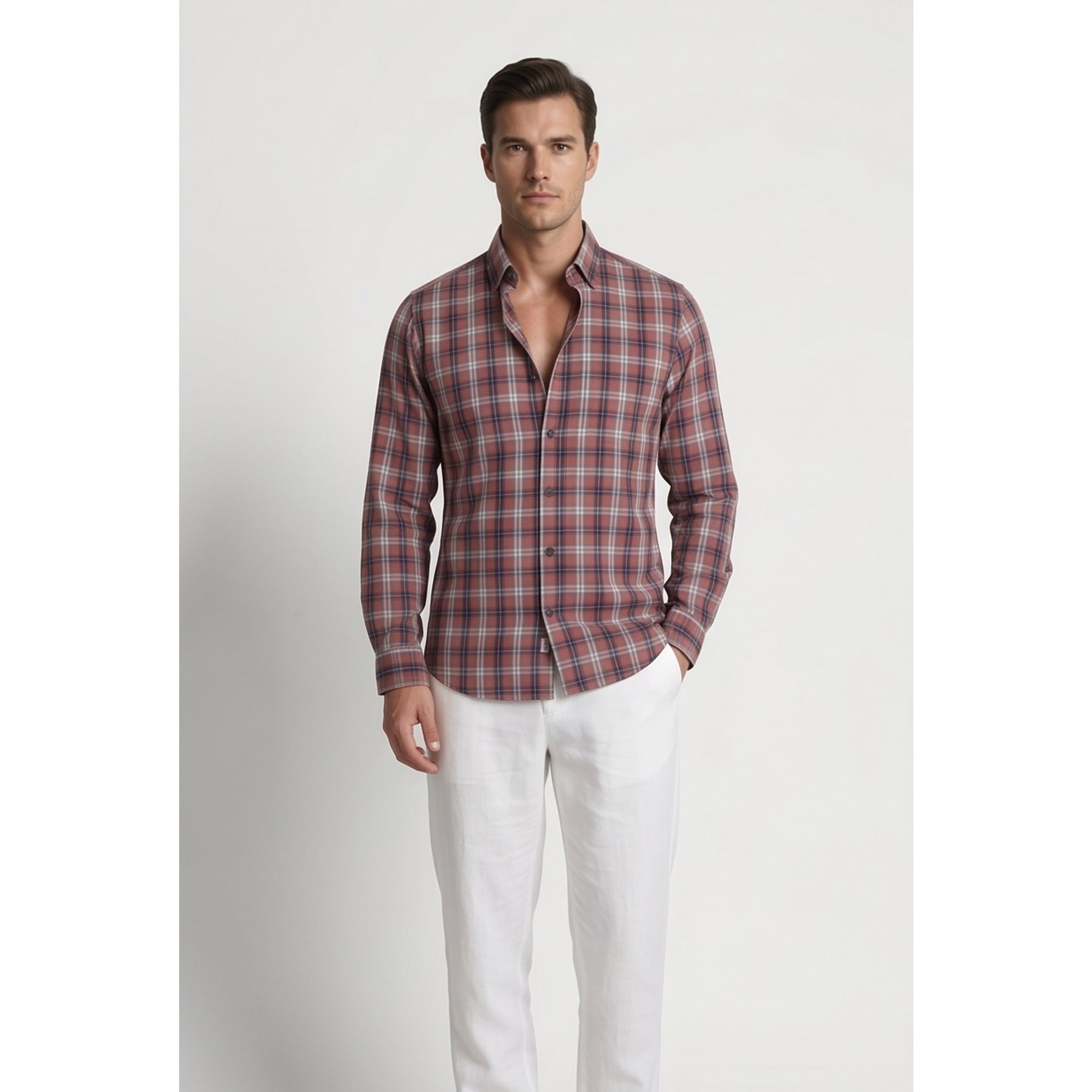 Americus Mens Twill Check Shirt Dusty Rose Navy Plaid