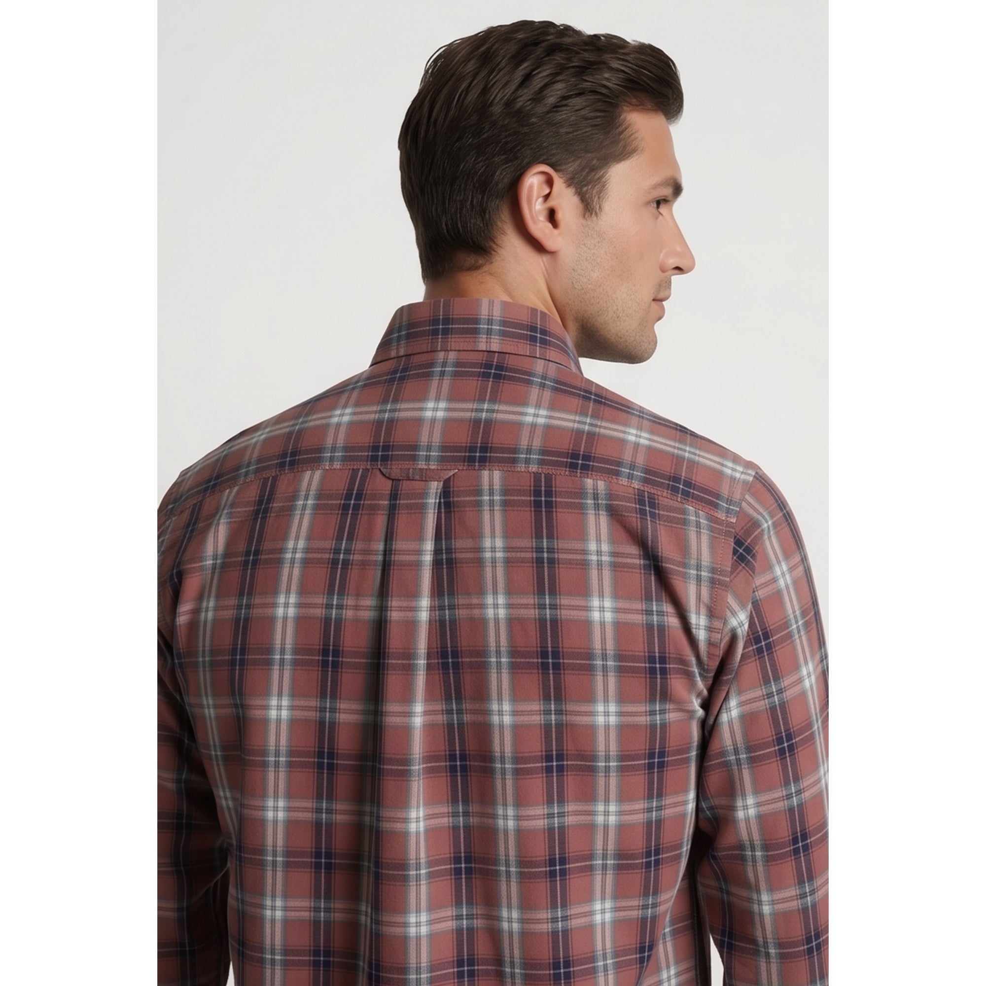 Americus Mens Twill Check Shirt Dusty Rose Navy Plaid