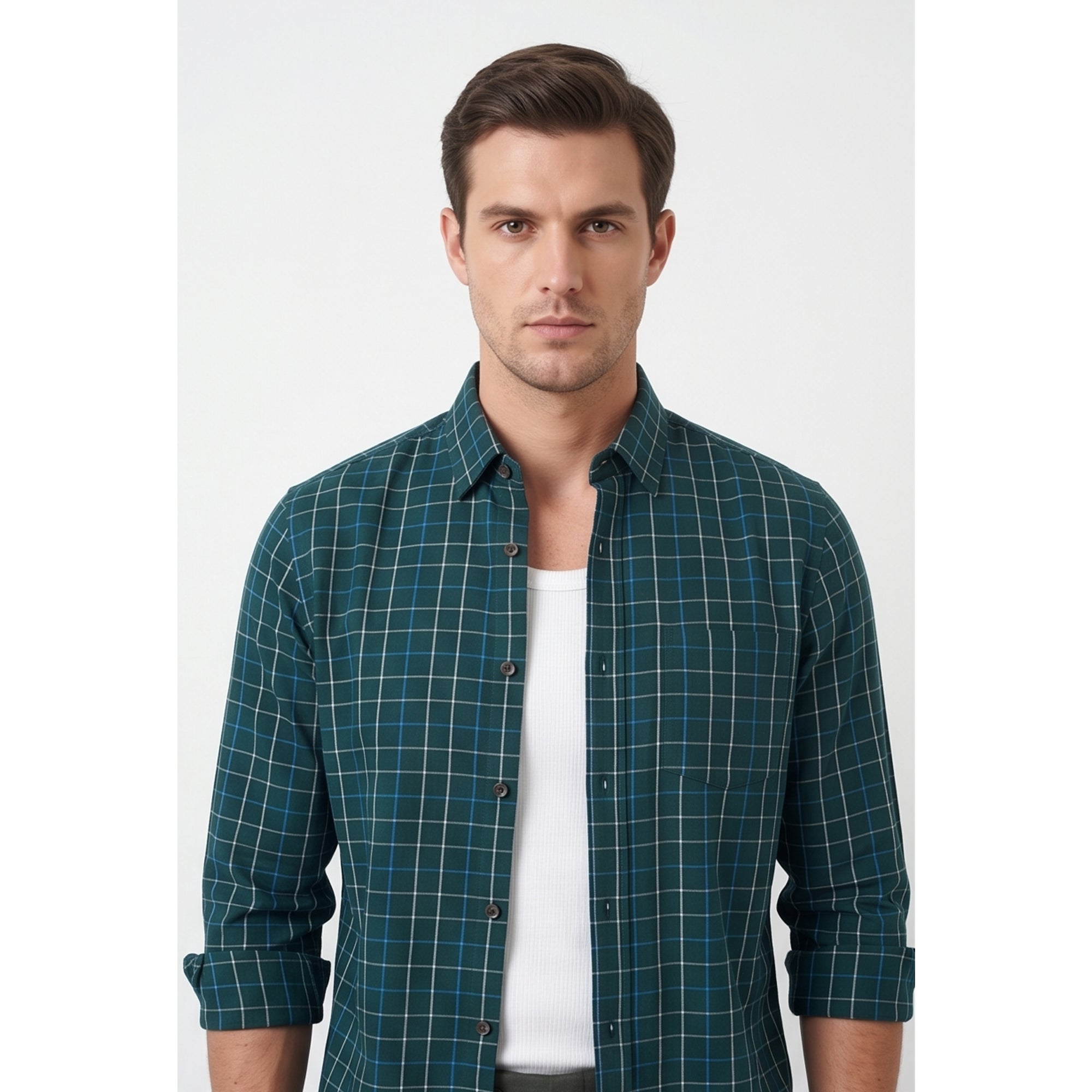 Americus Mens Twill Check Shirt Deep Teal Blue Windowpane