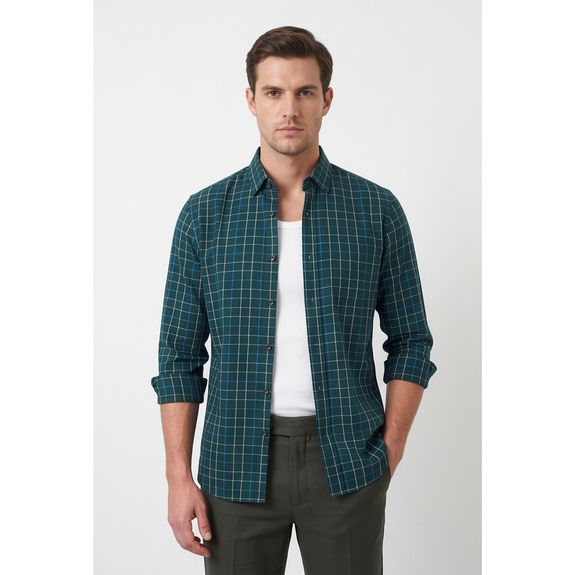 Americus Mens Twill Check Shirt Deep Teal Blue Windowpane