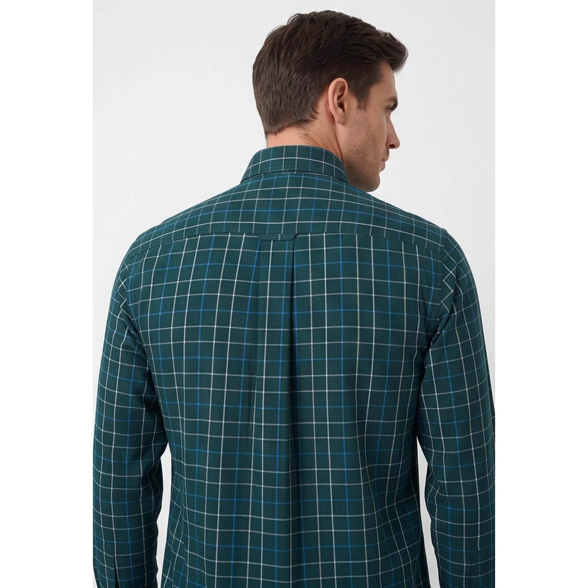 Americus Mens Twill Check Shirt Deep Teal Blue Windowpane
