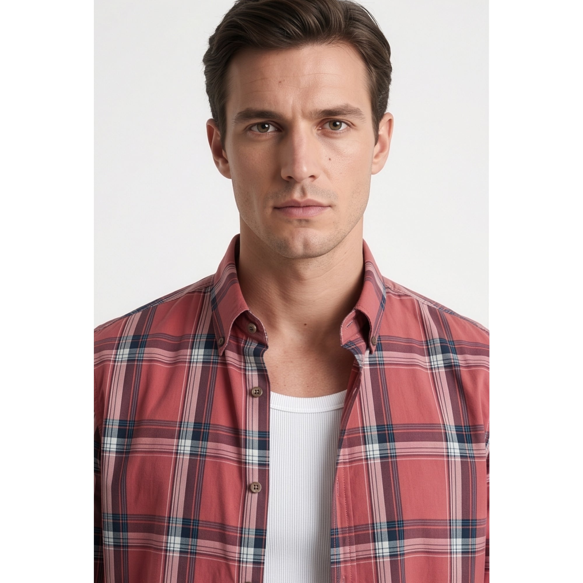 Americus Mens Twill Check Shirt Terracotta Rose Tartan