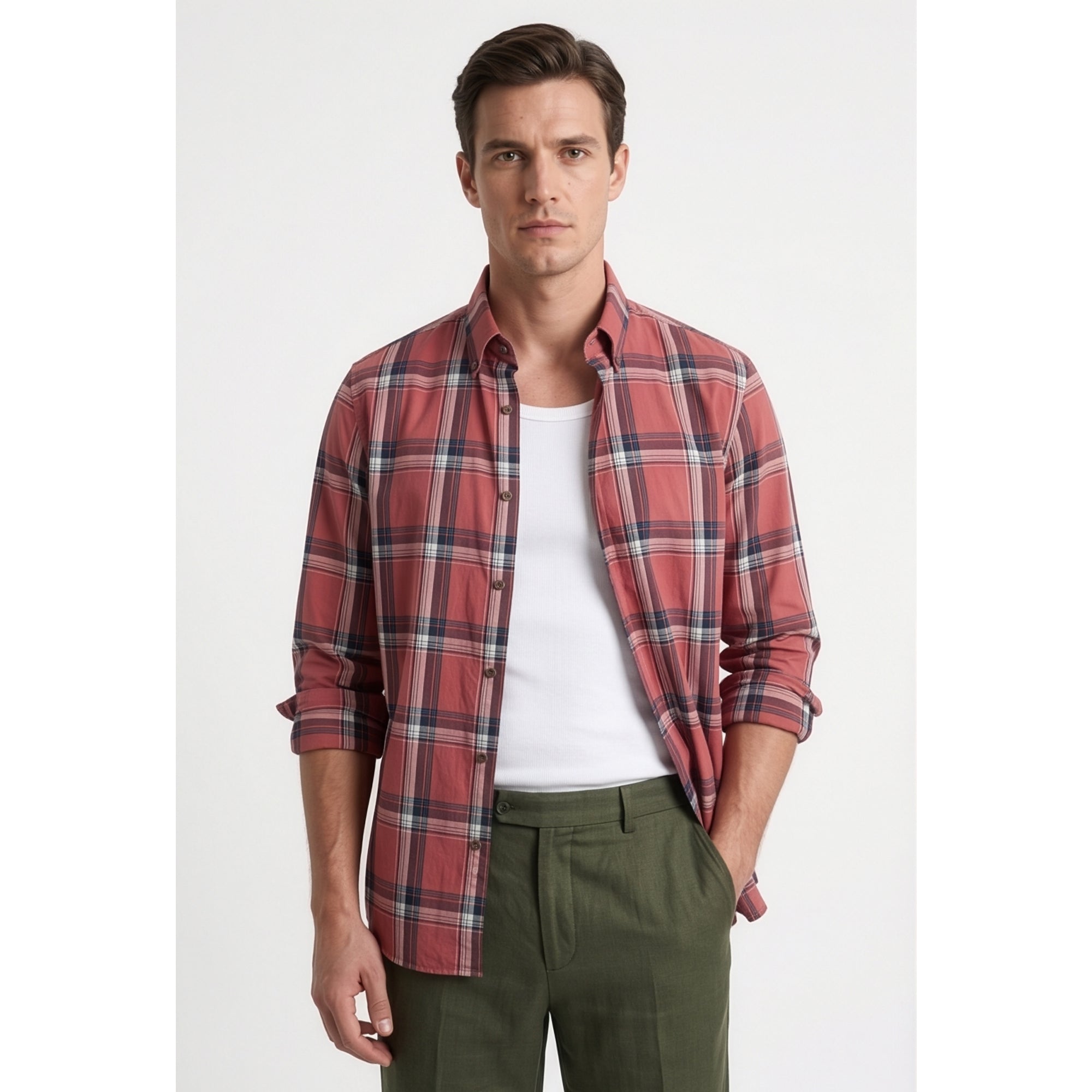 Americus Mens Twill Check Shirt Terracotta Rose Tartan