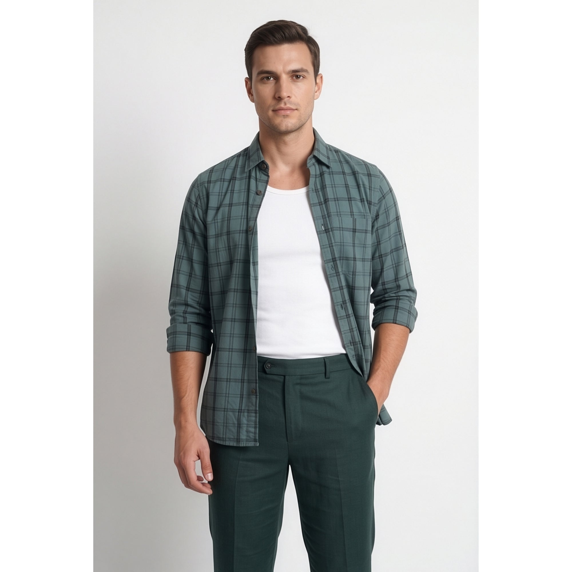 Americus Mens Twill Check Shirt Slate Teal Windowpane
