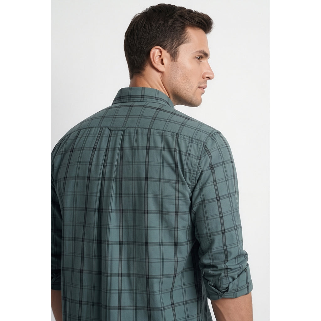 Americus Mens Twill Check Shirt Slate Teal Windowpane