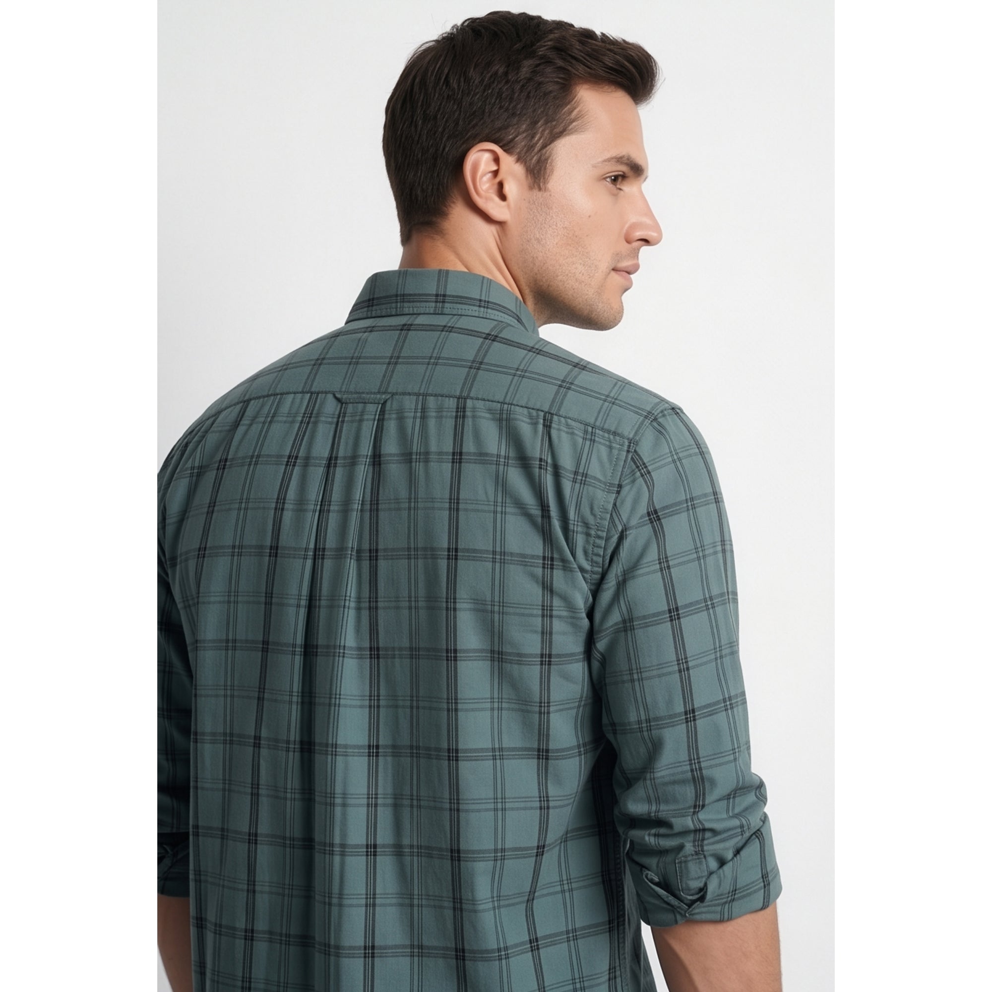 Americus Mens Twill Check Shirt Slate Teal Windowpane