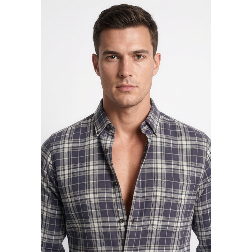 Americus Mens Twill Check Shirt Graphite Cream
