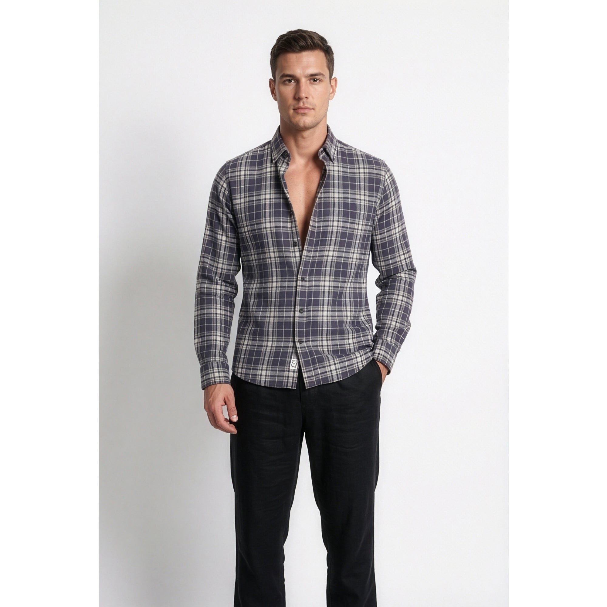 Americus Mens Twill Check Shirt Graphite Cream