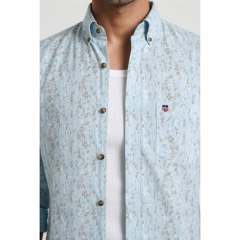 Americus Men's Printed Cotton Shirt Light Blue White And Brown Abstract Maze