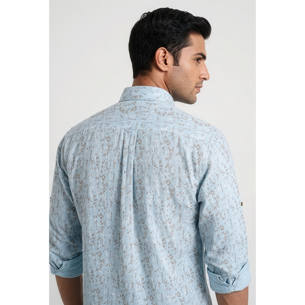 Americus Men's Printed Cotton Shirt Light Blue White And Brown Abstract Maze