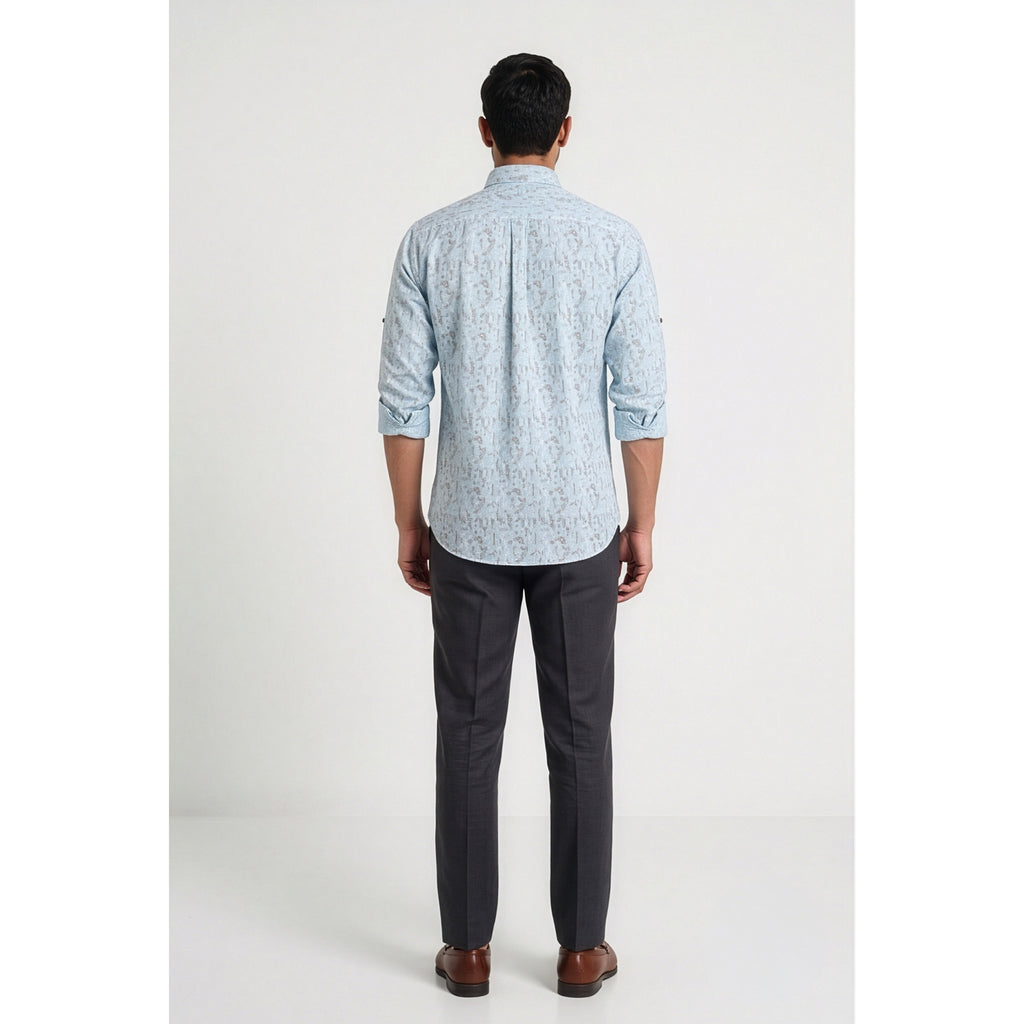 Americus Men's Printed Cotton Shirt Light Blue White And Brown Abstract Maze
