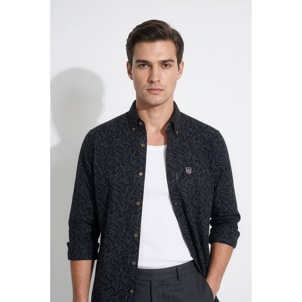 Americus Men's Printed Cotton Shirt Midnight Black Navy Tonal Swirl Wave